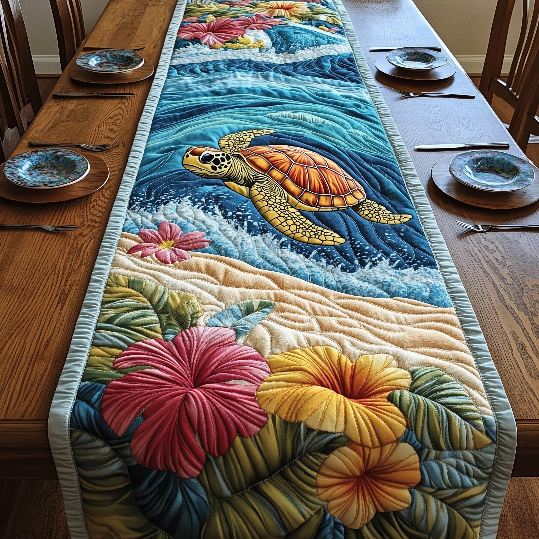 Tropical Turtle Paradise Quilted Table Runner Coastal Style Table Runners Christmas Gifts For Turtle Lovers