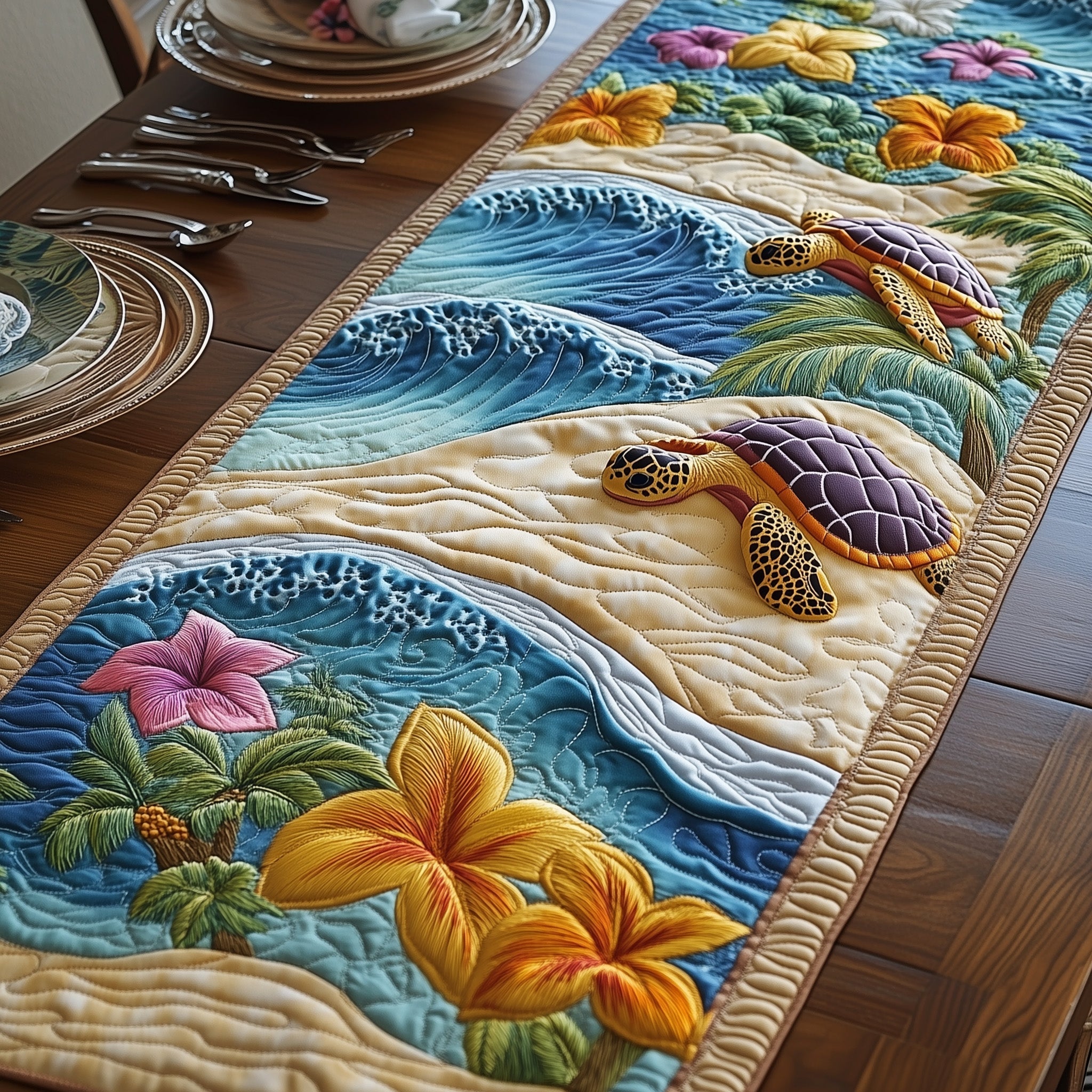 Tropical Turtle Quilted Table Runner Kitchen Decor Gift Ideas For Sea Turtle Lovers