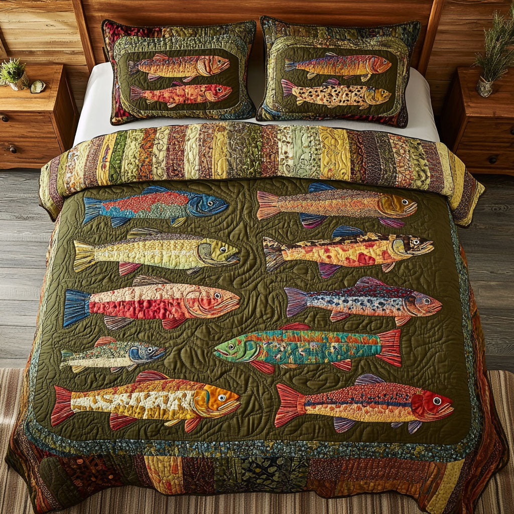 Trout Flow Quilted Bedding Set Cute Bed Sheet Set Fishing Gifts For Him