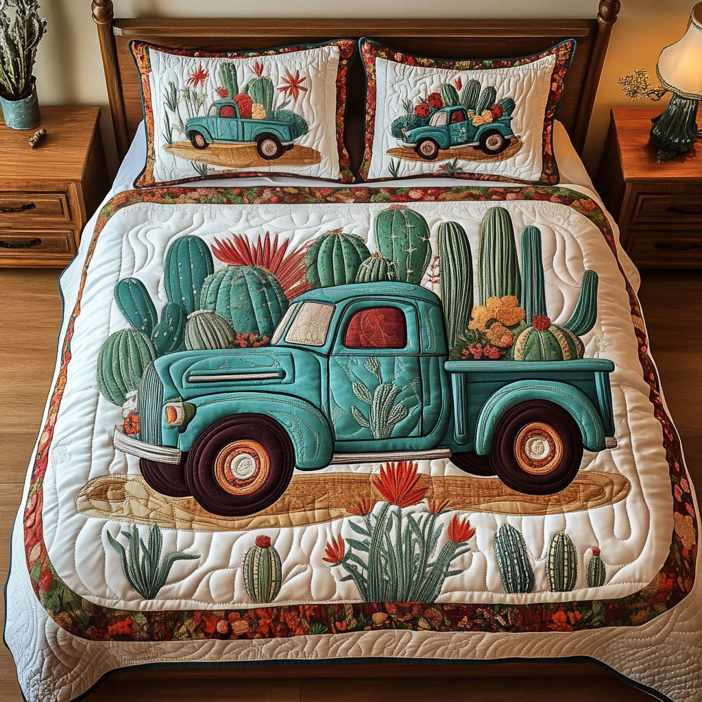 Truck with Cactus Quilted Bedding Set Cute Queen Bed Sheets Cactus Gifts For Him