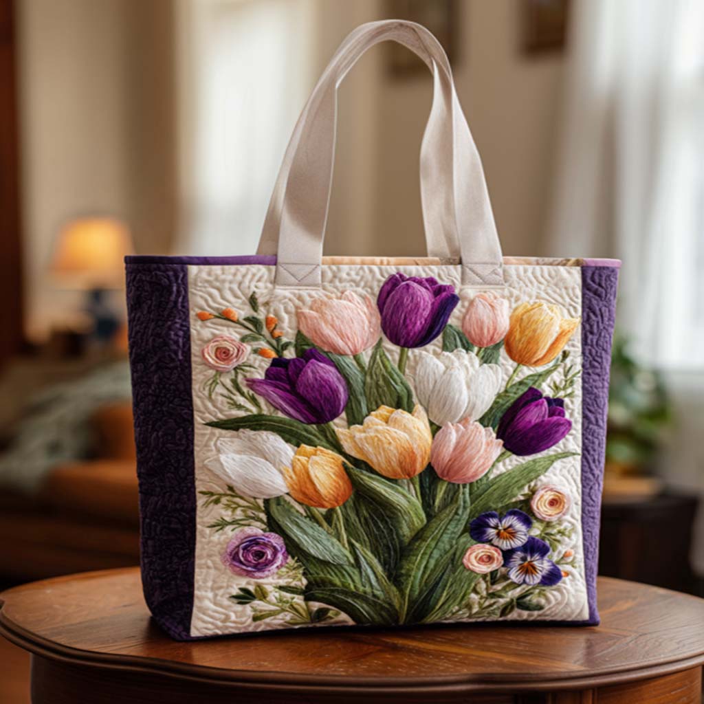Tulip Garden Walk Quilted Tote Bag Best Everyday Shoulder Bag Gifts For Mothers