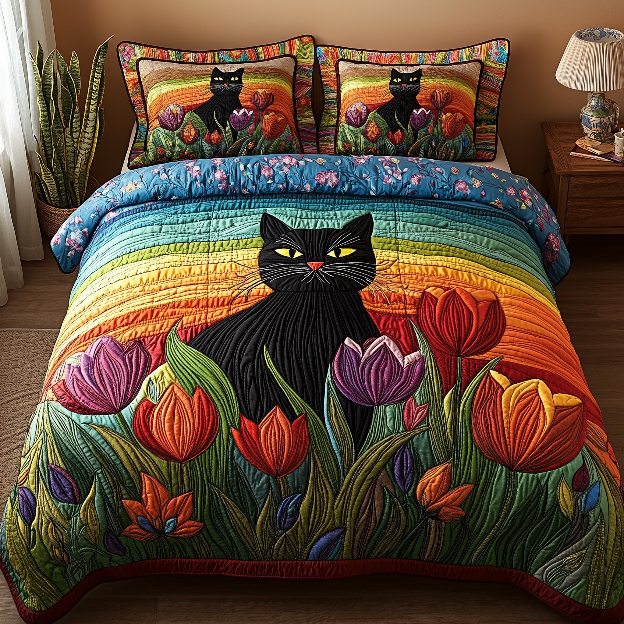 Tulips and Whiskers Quilted Bedding Set Bedroom Ideas Birthday Gift Cat