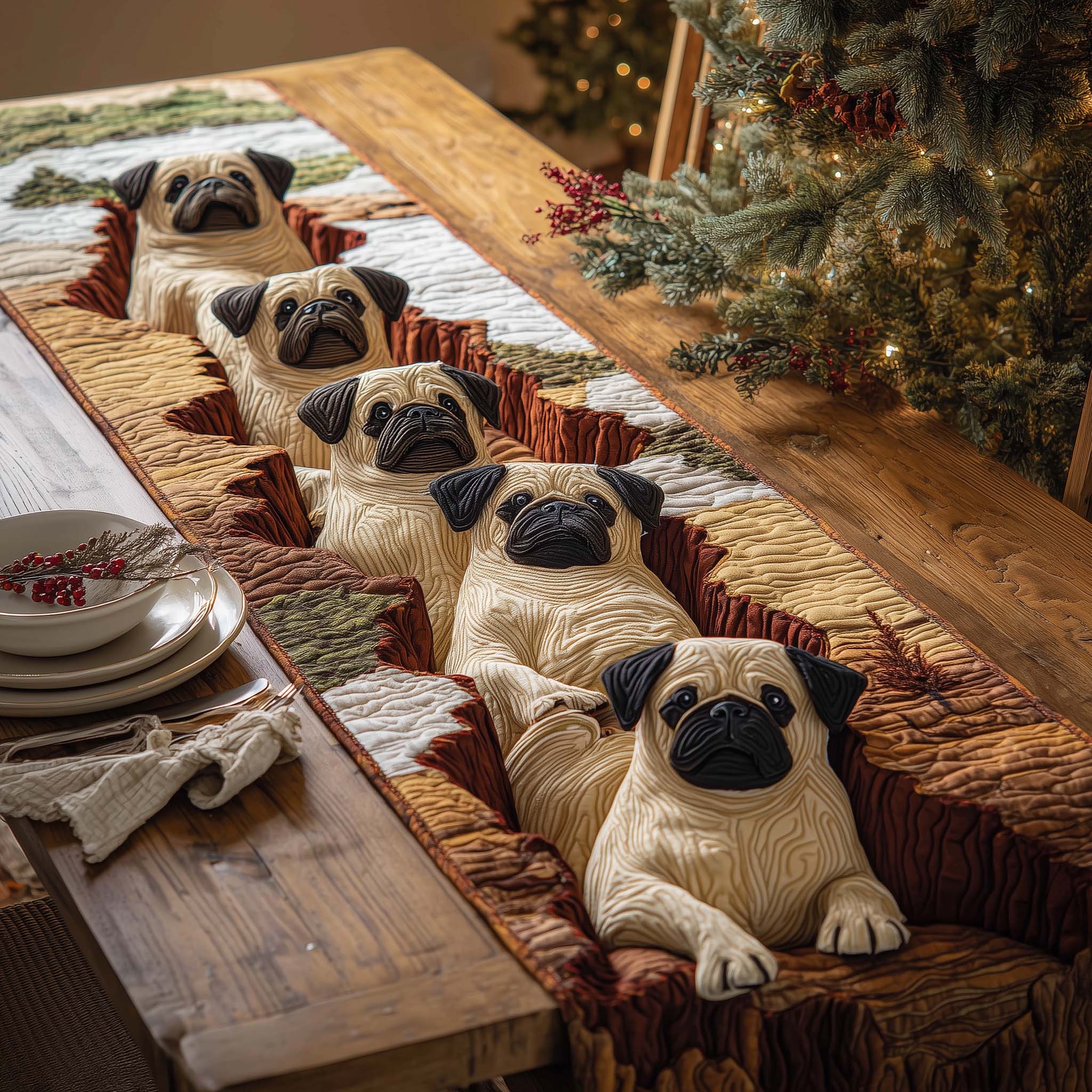Tunnel Pugs Quilted Table Runner Winter Themed Table Runners Best Family Xmas Gifts
