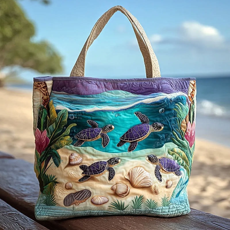 Turtle And Underwater Plant Pattern Quilted Tote Bag Best Bags For Travel Best Gift For Him