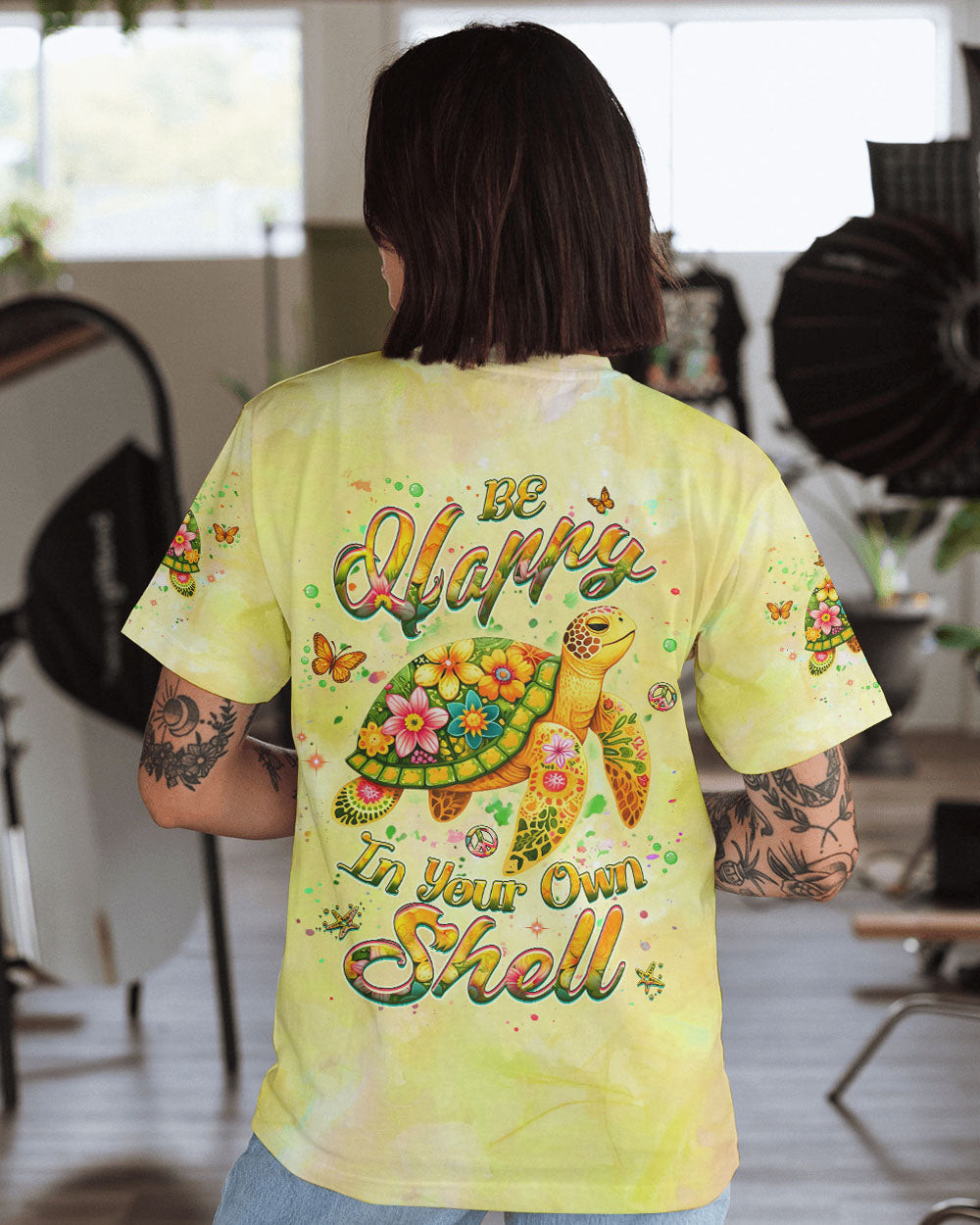 Turtle Be Happy In Your Own Shell T-Shirt Vibrant Turtle And Flower Art Merch Gift For Sister - Image 2