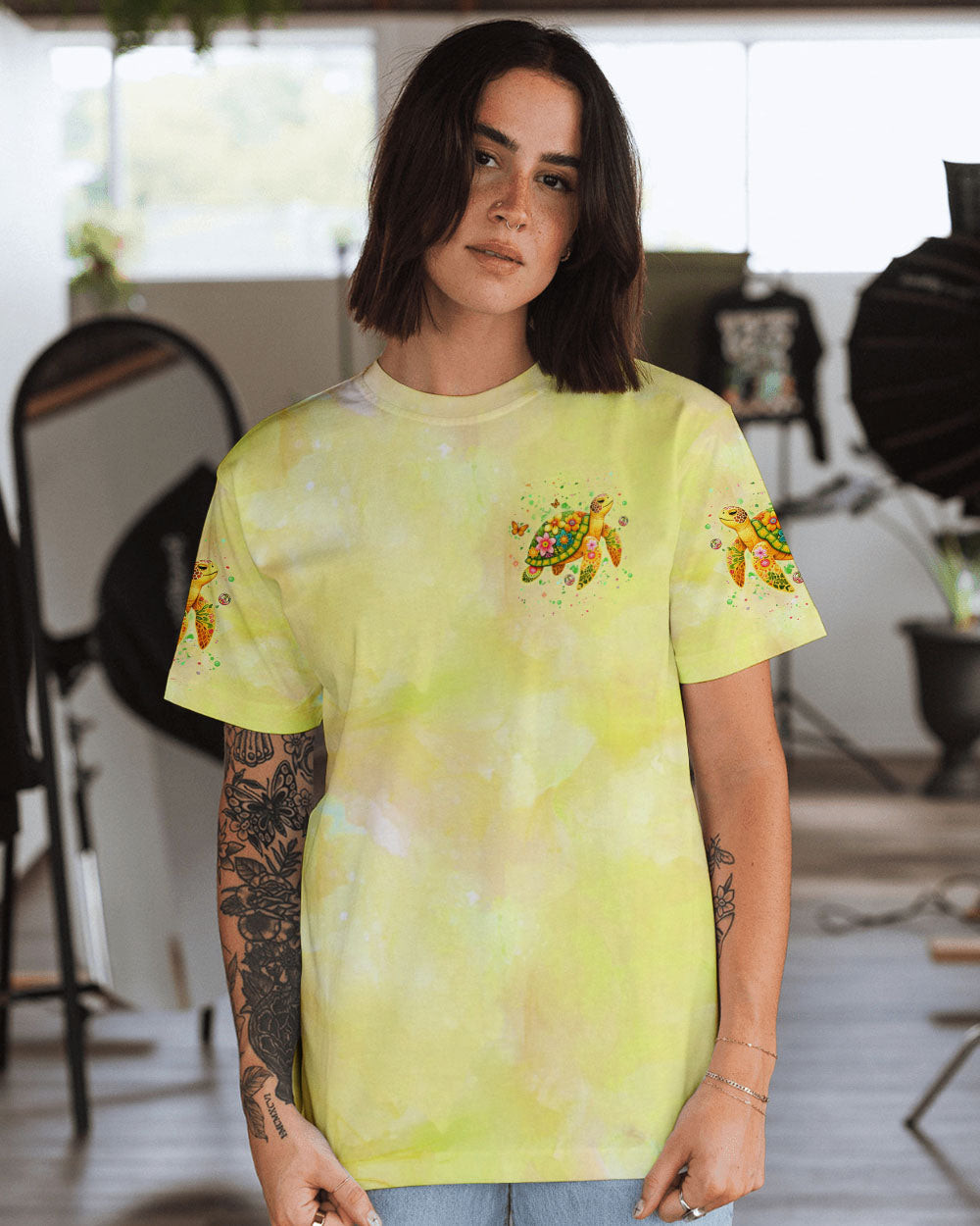 Turtle Be Happy In Your Own Shell T-Shirt Vibrant Turtle And Flower Art Merch Gift For Sister