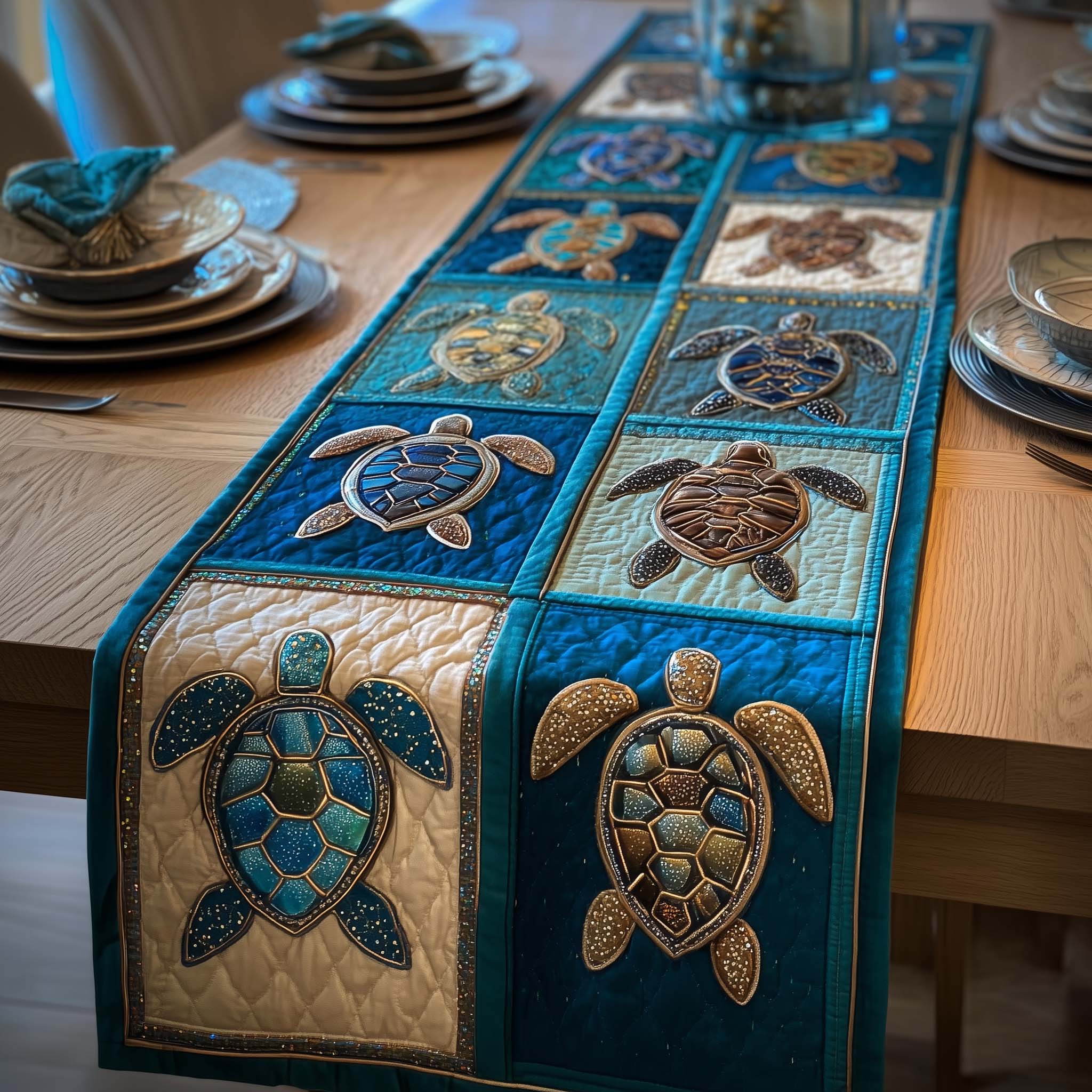 Turtle Charm Quilted Table Runner Coastal Style Table Runners Gift For Turtle Lover
