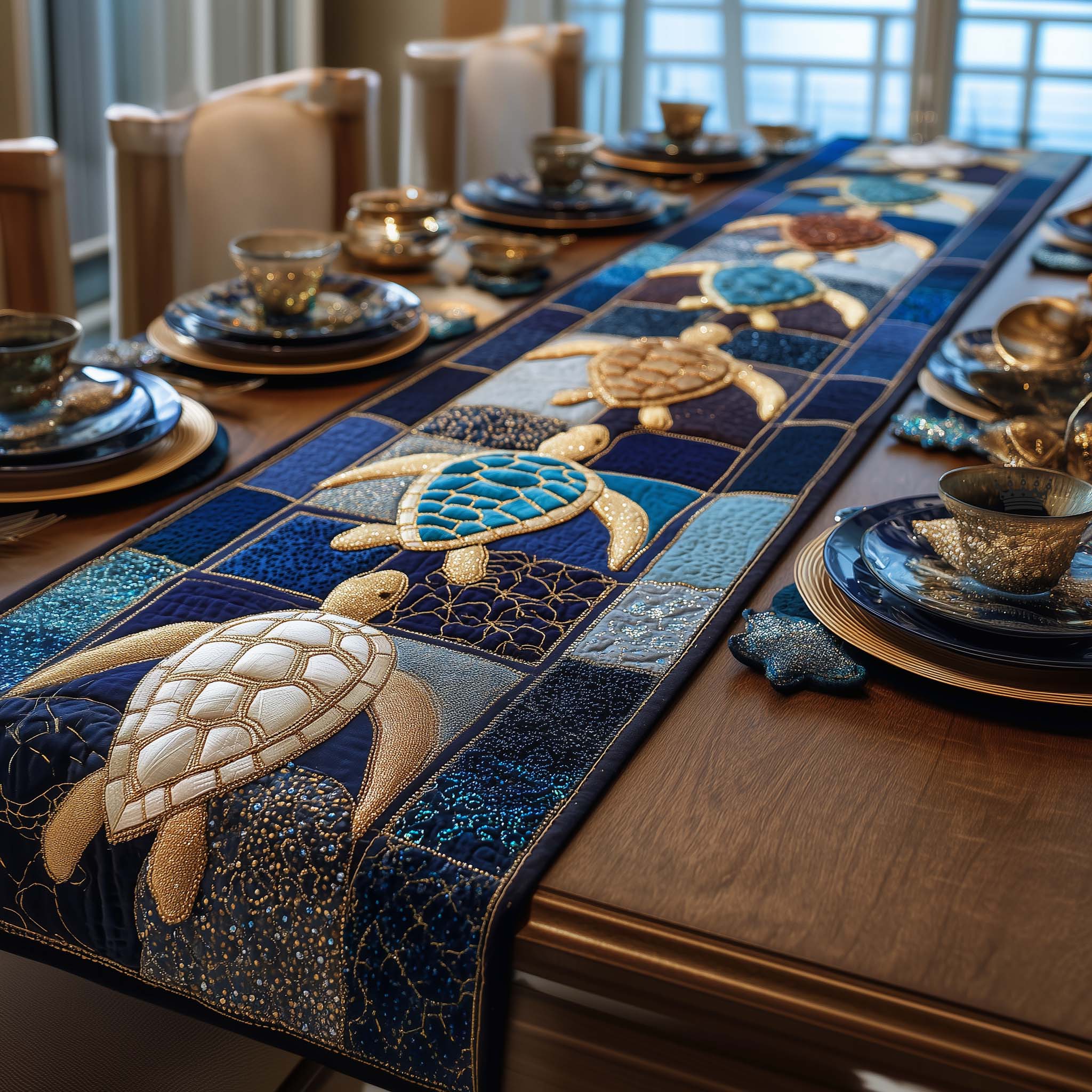 Turtle Charm Quilted Table Runner Coastal Table Runner Sea Turtle Christmas Gifts