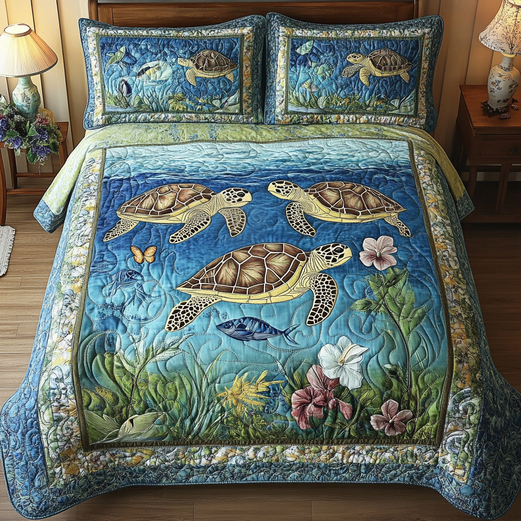 Turtle Paradise Quilted Bedding Set Cute Bed Sets For Teens Gifts For Sea Turtle Lovers