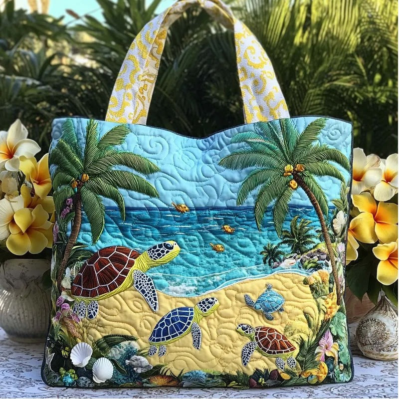 Turtle Returning To The Sea Pattern Quilted Tote Bag Best Bag For Travel Gift For Beach Lover
