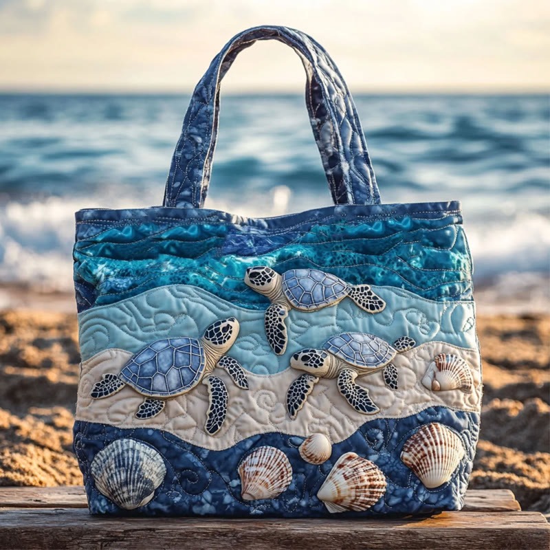 Turtle Shell Wave Pattern Quilted Tote Bag Best Shoulder Bag For Shopping Gift For Beach Lover