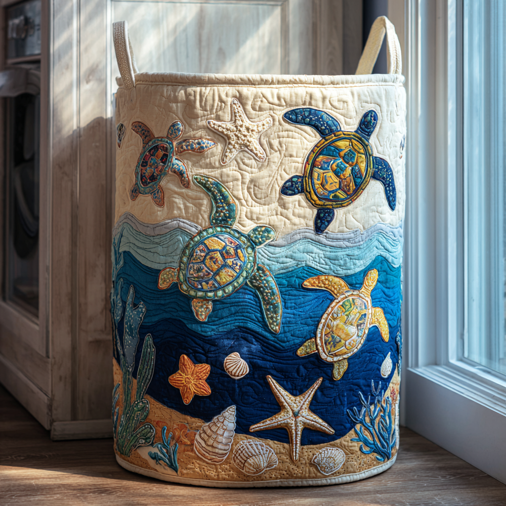 Turtle Wave Quilted Laundry Basket Foldable Laundry Hamper Sea Turtle Gifts For Mom