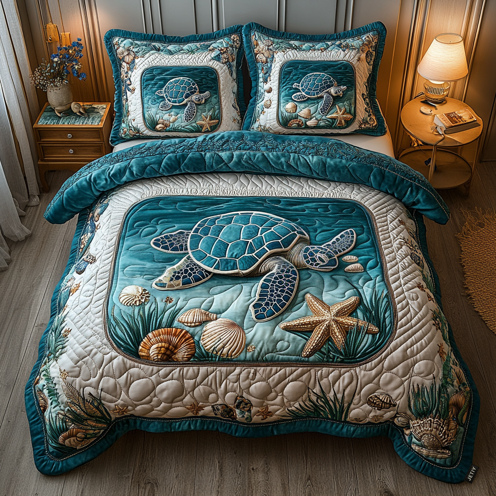 Turtle Waves Quilted Bedding Set Cute Bedroom Decor Unique Sea Turtle Gifts