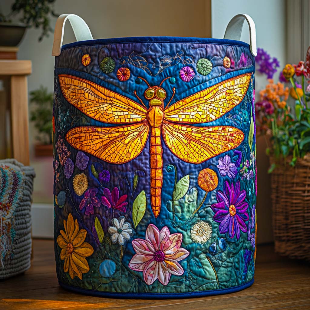 Twilight Petal Symphony Quilted Laundry Basket Hamper Basket Birthday Gifts For Dragonfly Lovers
