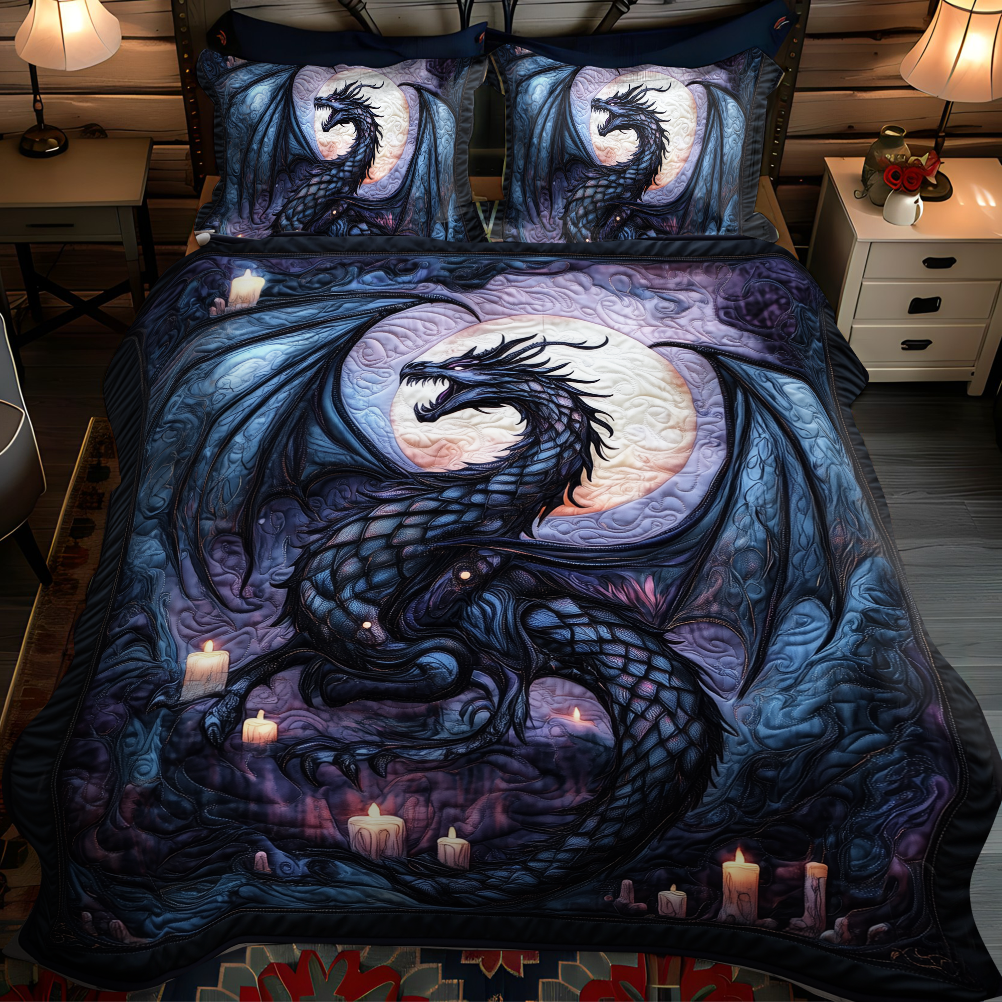 Twilight Serpent Quilted Bedding Set Bed Decor Dragon Gifts For Men