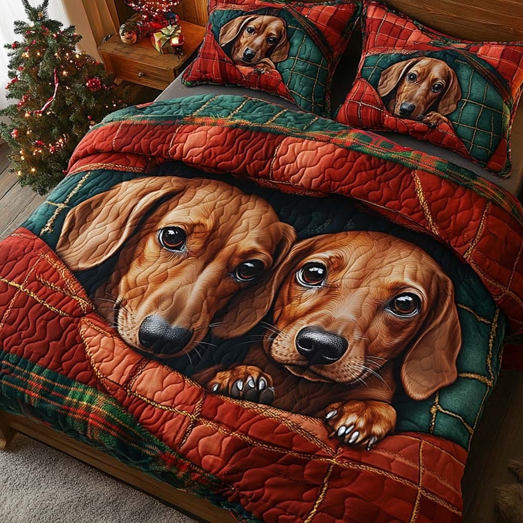 Twin Dachshunds Puppy Quilted Bedding Set Duvet Cover Sausage Dog Lover Gifts For Him Her