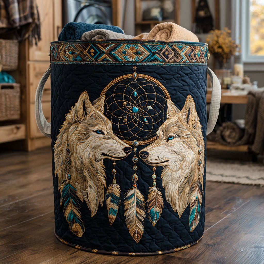 Twin Wolves Quilted Laundry Basket Home Decorations Native American Themed Gifts