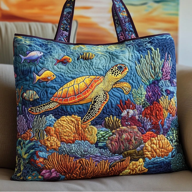 Underwater World Turtle And Coral Pattern Quilted Tote Bag Best Bag For Shopping Gift For Mom
