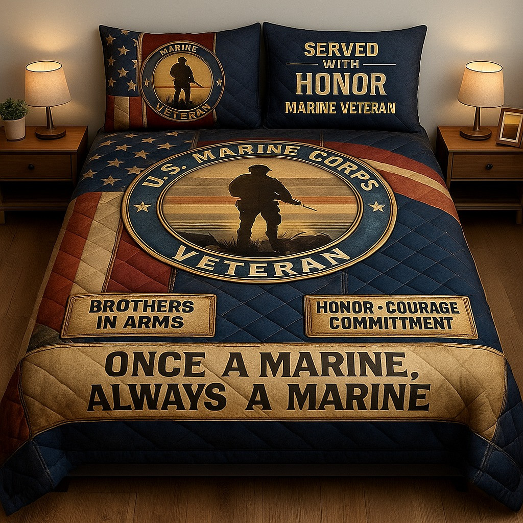 US Marine Corps Veteran Quilted Bedding Set Once A Marine Always A Marine Gifts For Veterans