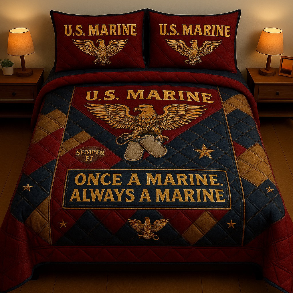 US Marine Quilted Bedding Set Once A Marine Always A Marine USMC Merch Gifts For Veteran