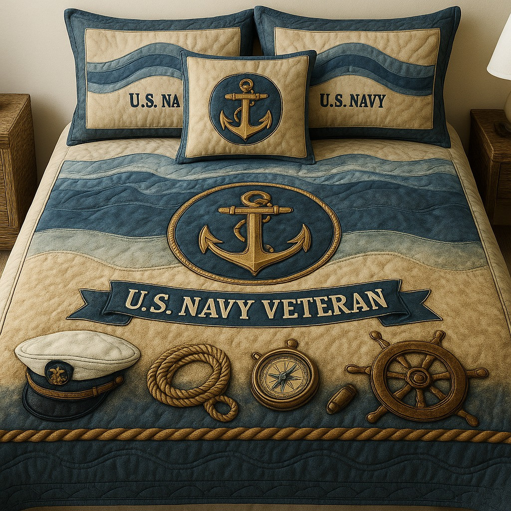 US Navy Veteran Quilted Bedding Set Anchor Nautical Bedspread Set Gifts For Navy Veteran