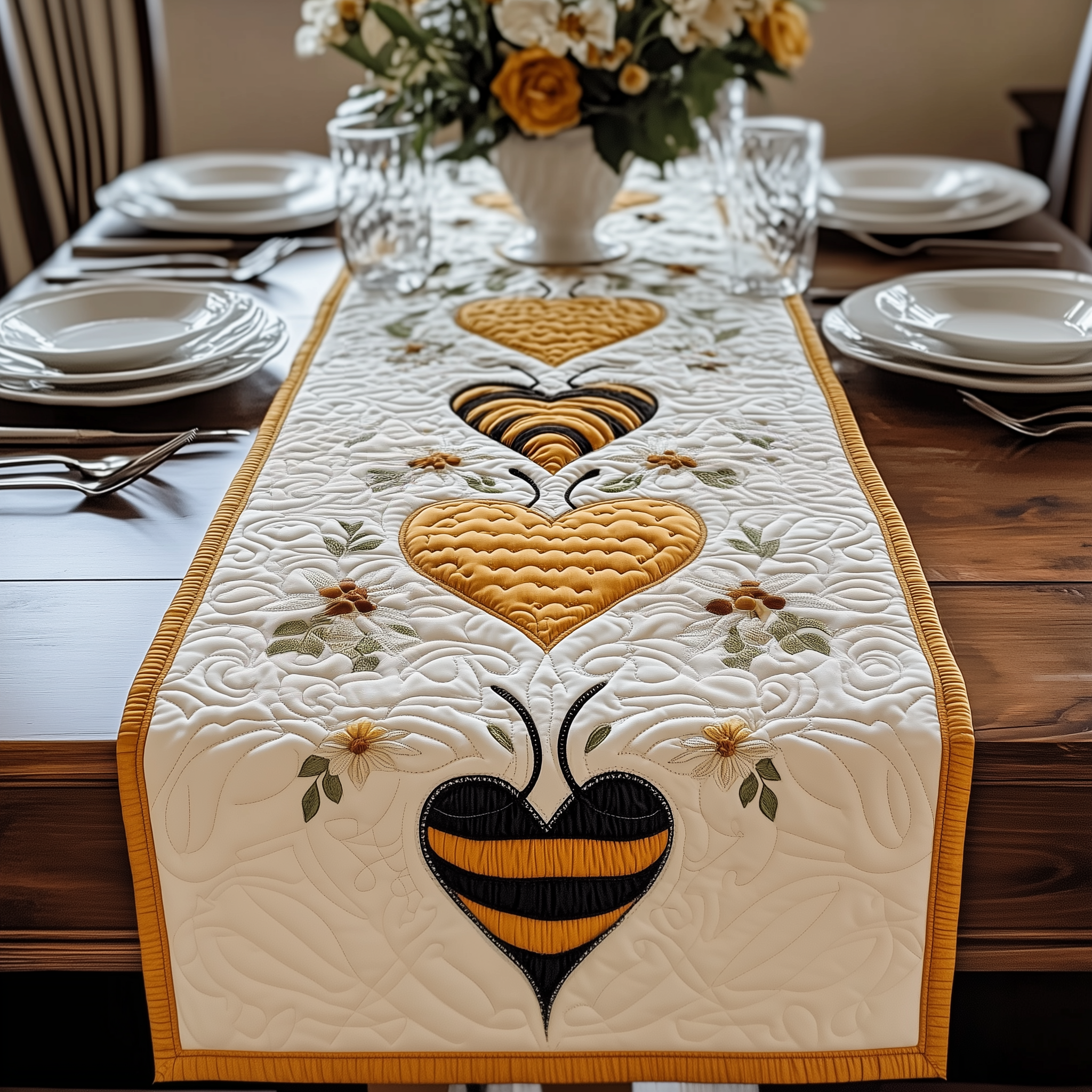 Valentine Bee Quilted Table Runner Table Runner With Hearts Bee Themed Gifts For Her