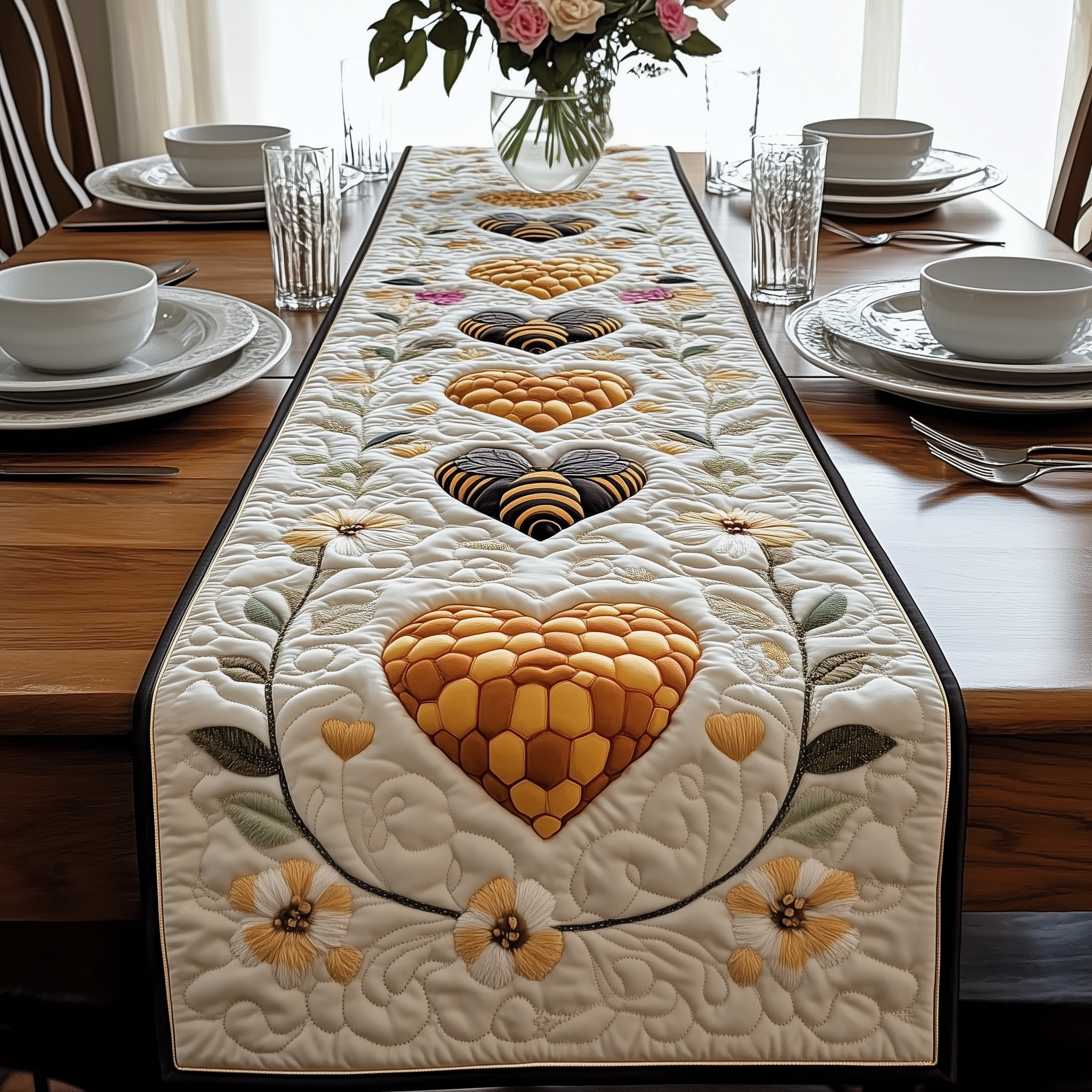 Valentine Bee Quilted Table Runner Valentines Table Decor Presents For Beekeepers