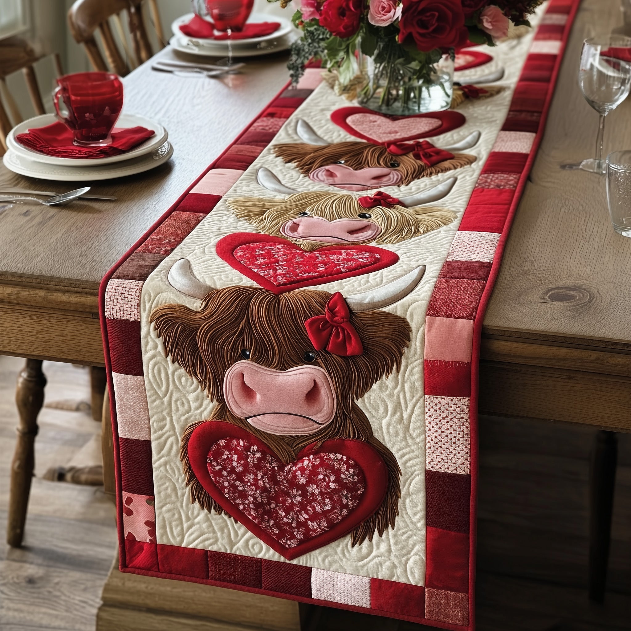 Valentine Graze Quilted Table Runner Romantic Table Decor Best Highland Cattle Gifts Items