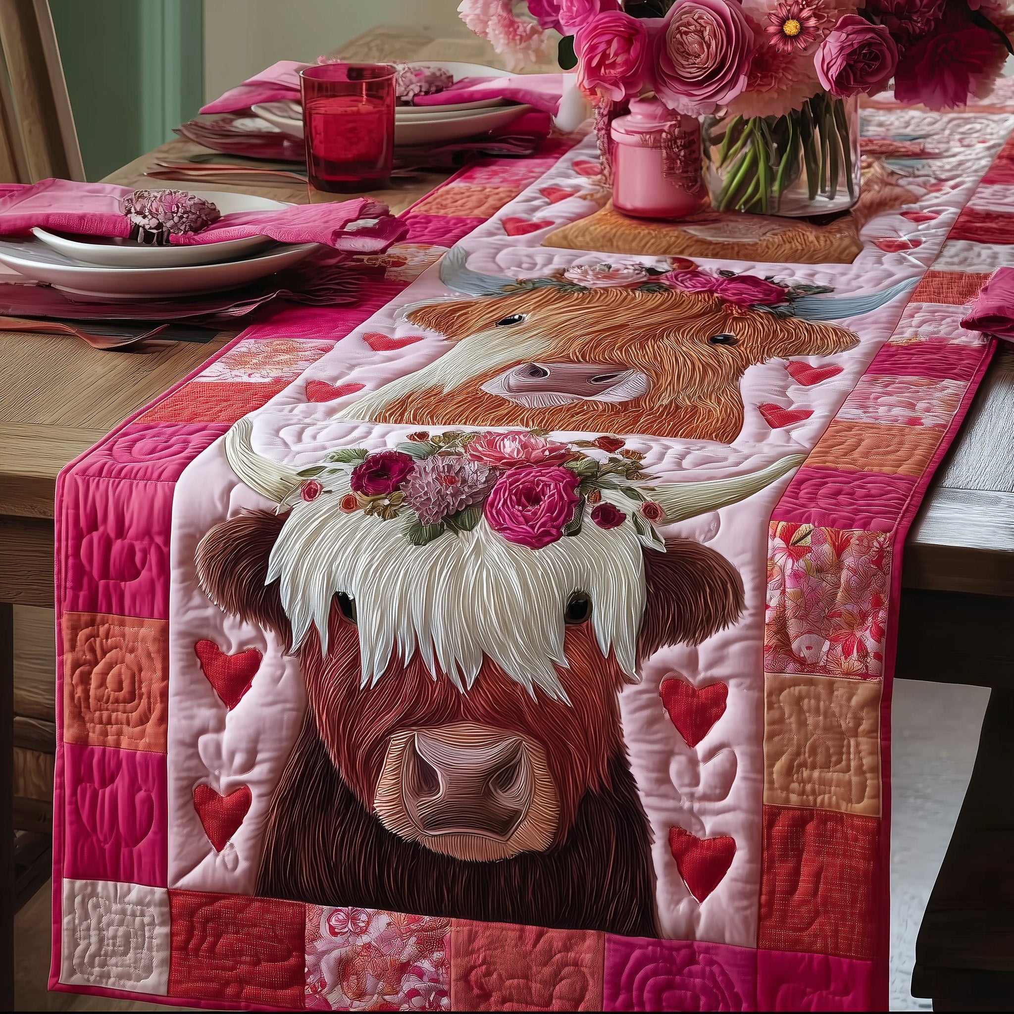 Valentine Graze Quilted Table Runner Valentine Dining Table Decor Gifts For Highland Cow Lovers