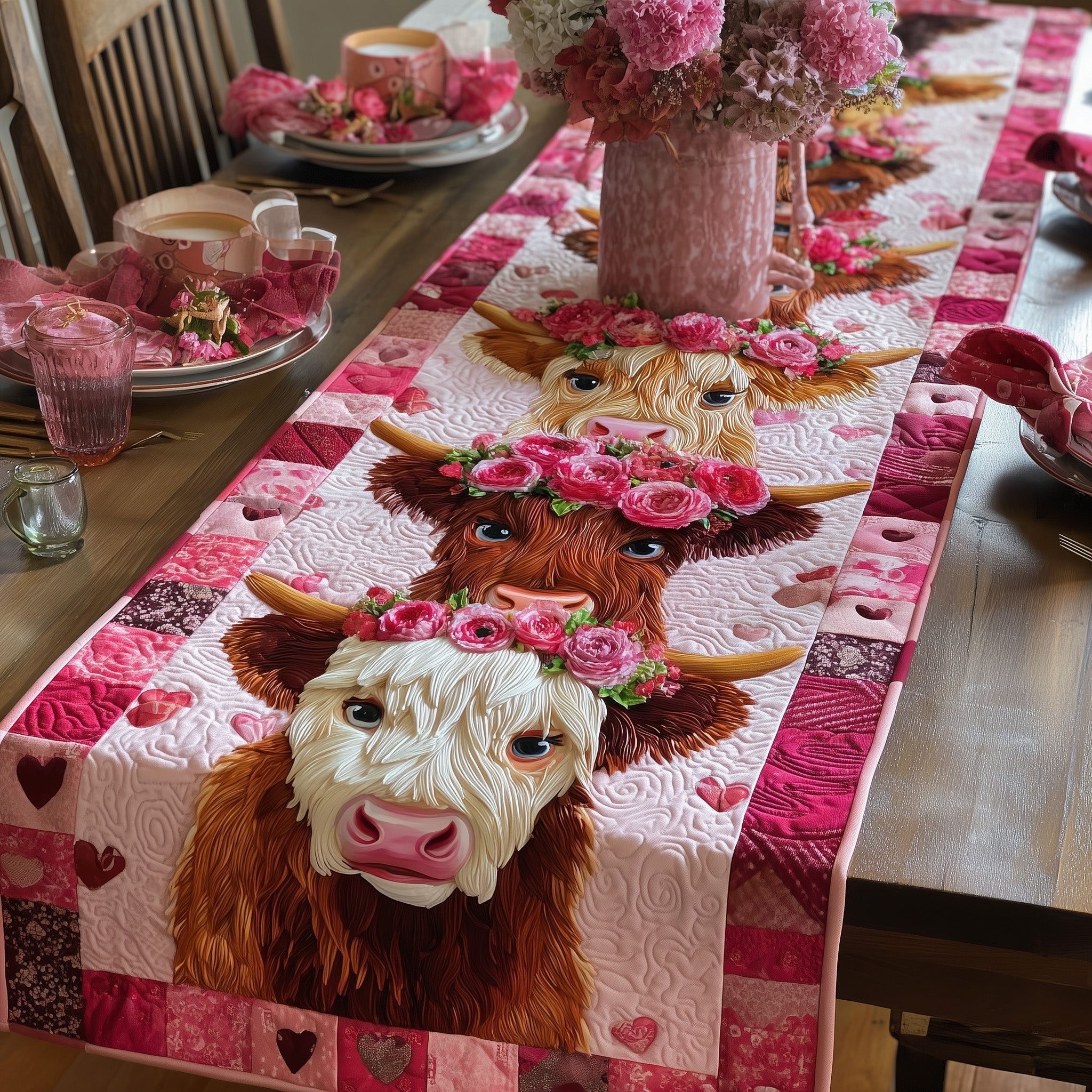 Valentine Graze Quilted Table Runner Valentine Dinner Decor Highland Cow Gifts For Men