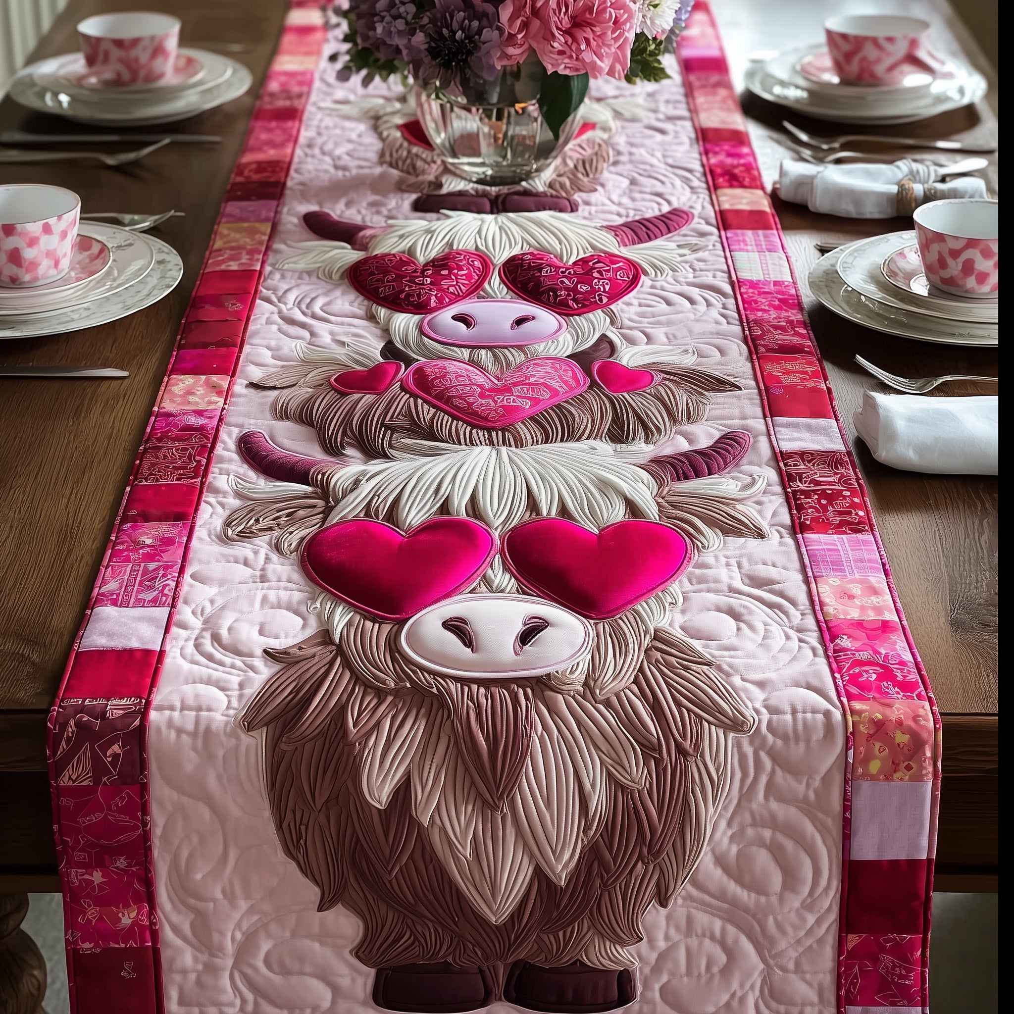 Valentine Graze Quilted Table Runner Valentine's Day Dining Table Decor Highland Cow Gifts For Women
