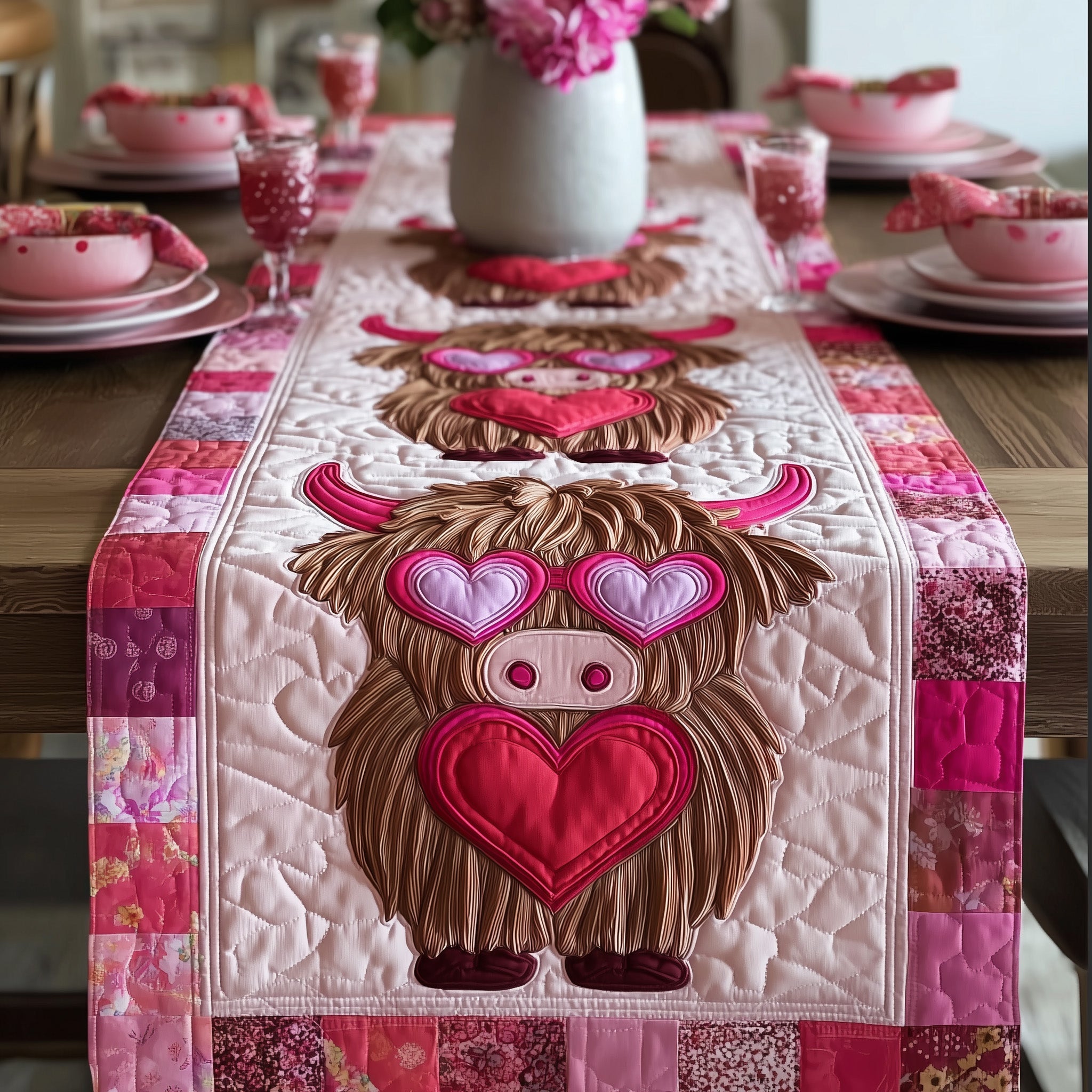 Valentine Graze Quilted Table Runner Valentine's Day Dinner Decor Highland Cow Presents