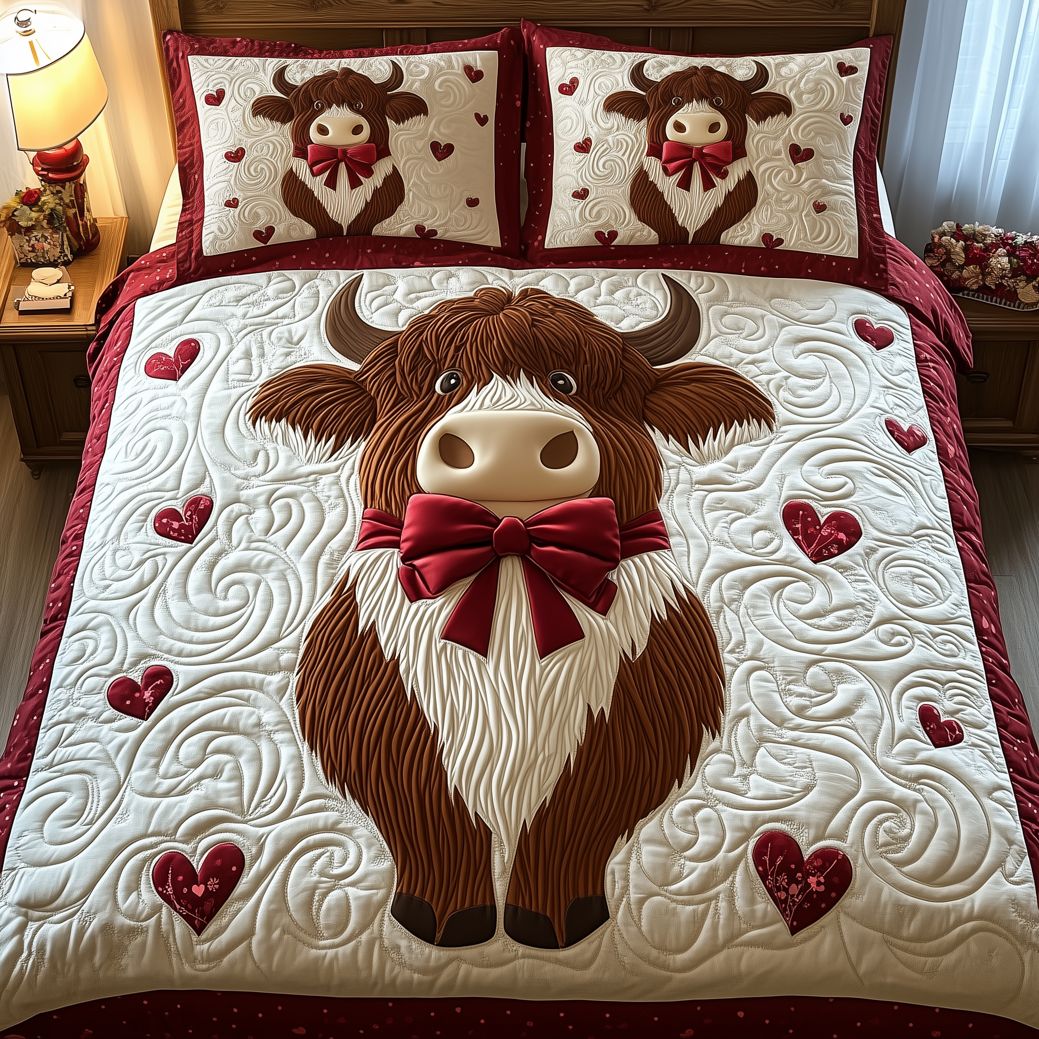 Valentine Highland Cow Quilted Bedding Set Bed Decor Good Gifts For Couples