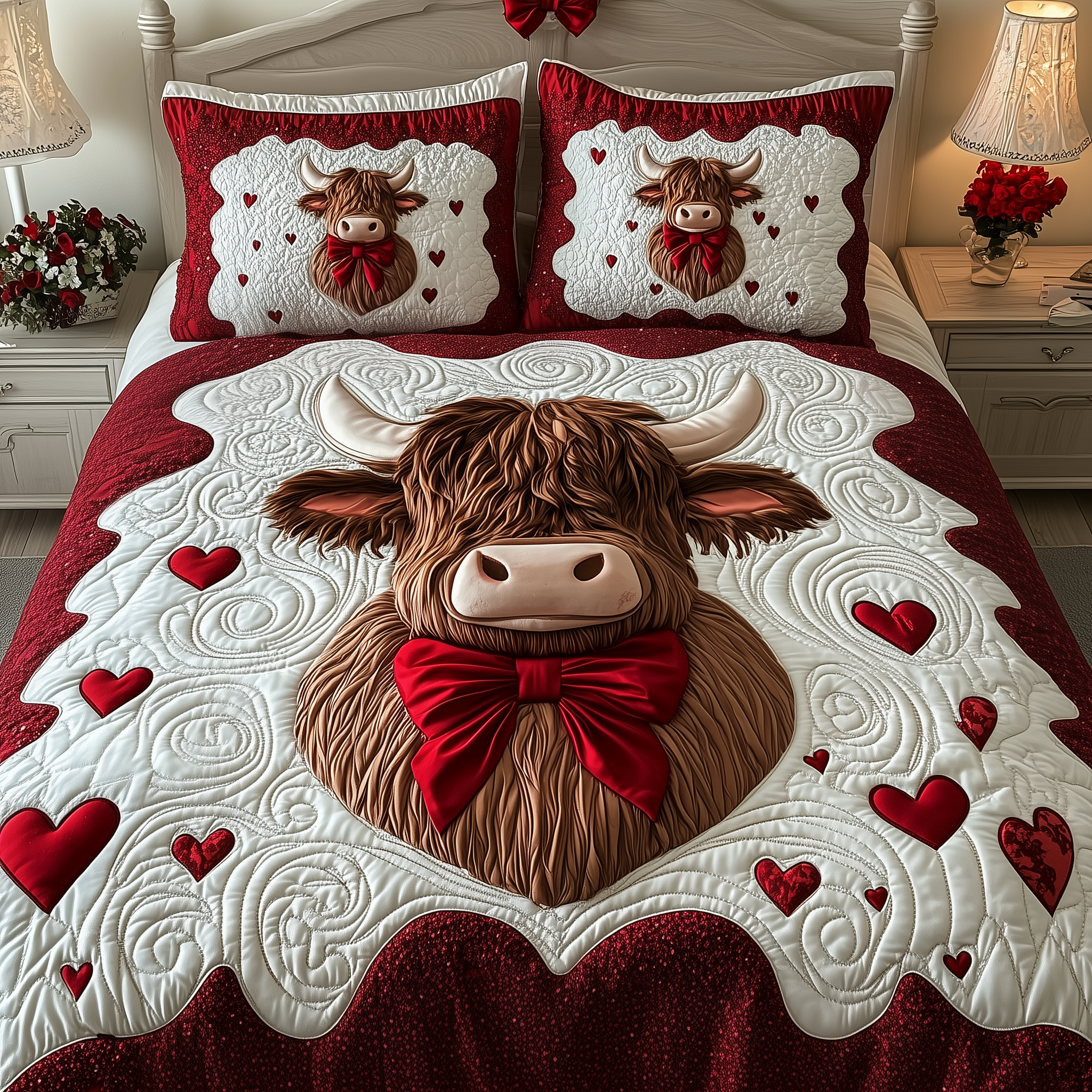 Valentine Highland Cow Quilted Bedding Set Cover Bed Set Unique Gifts For Couples