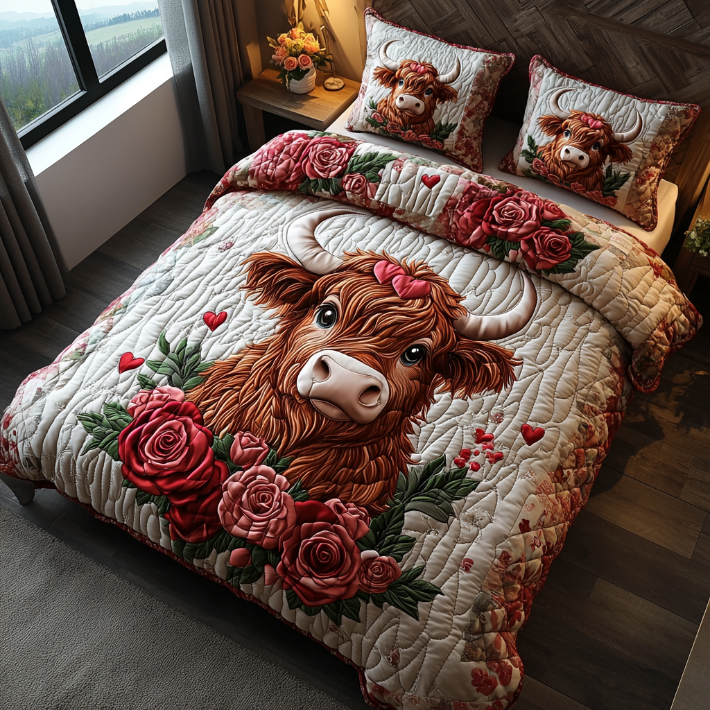 Valentine Highland Cow Quilted Bedding Set Duvet Cover Sheets Best Valentines Gifts For Her