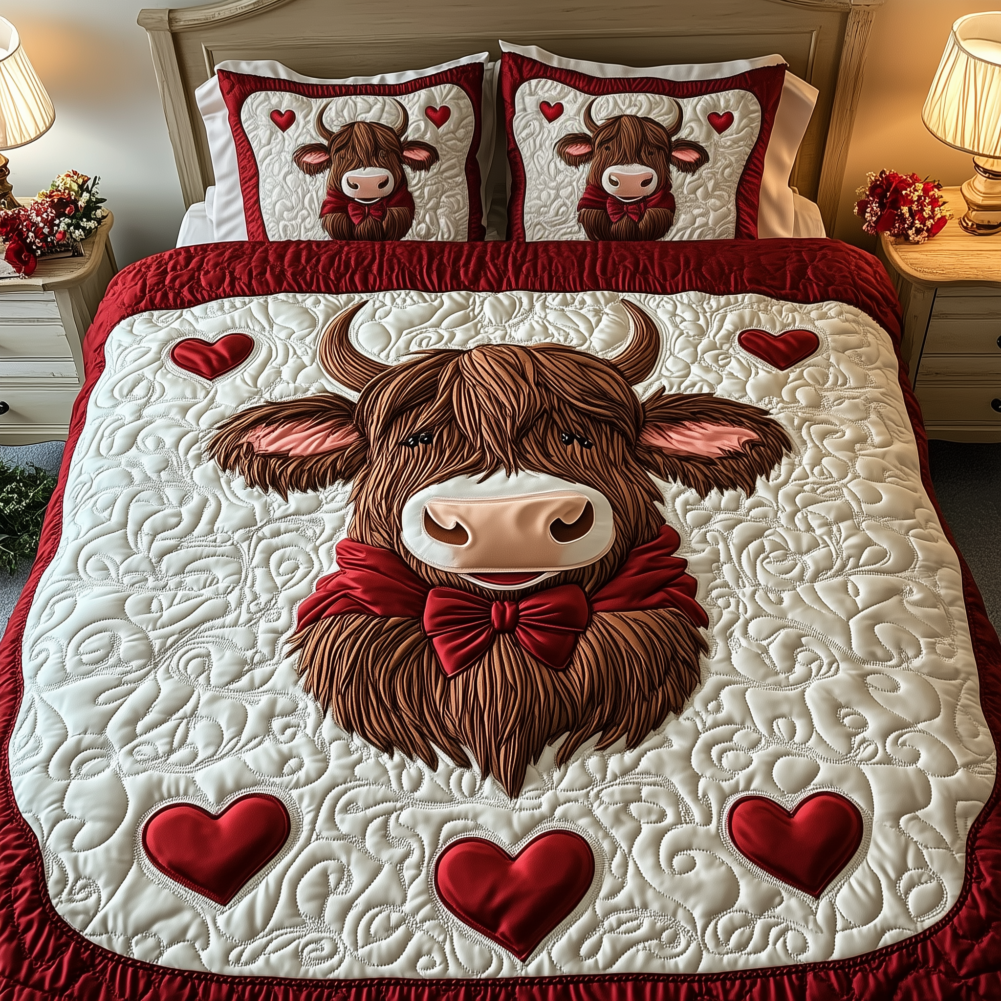 Valentine Highland Cow Quilted Bedding Set Quilt Comforter Sets Housewarming Gifts For Couples