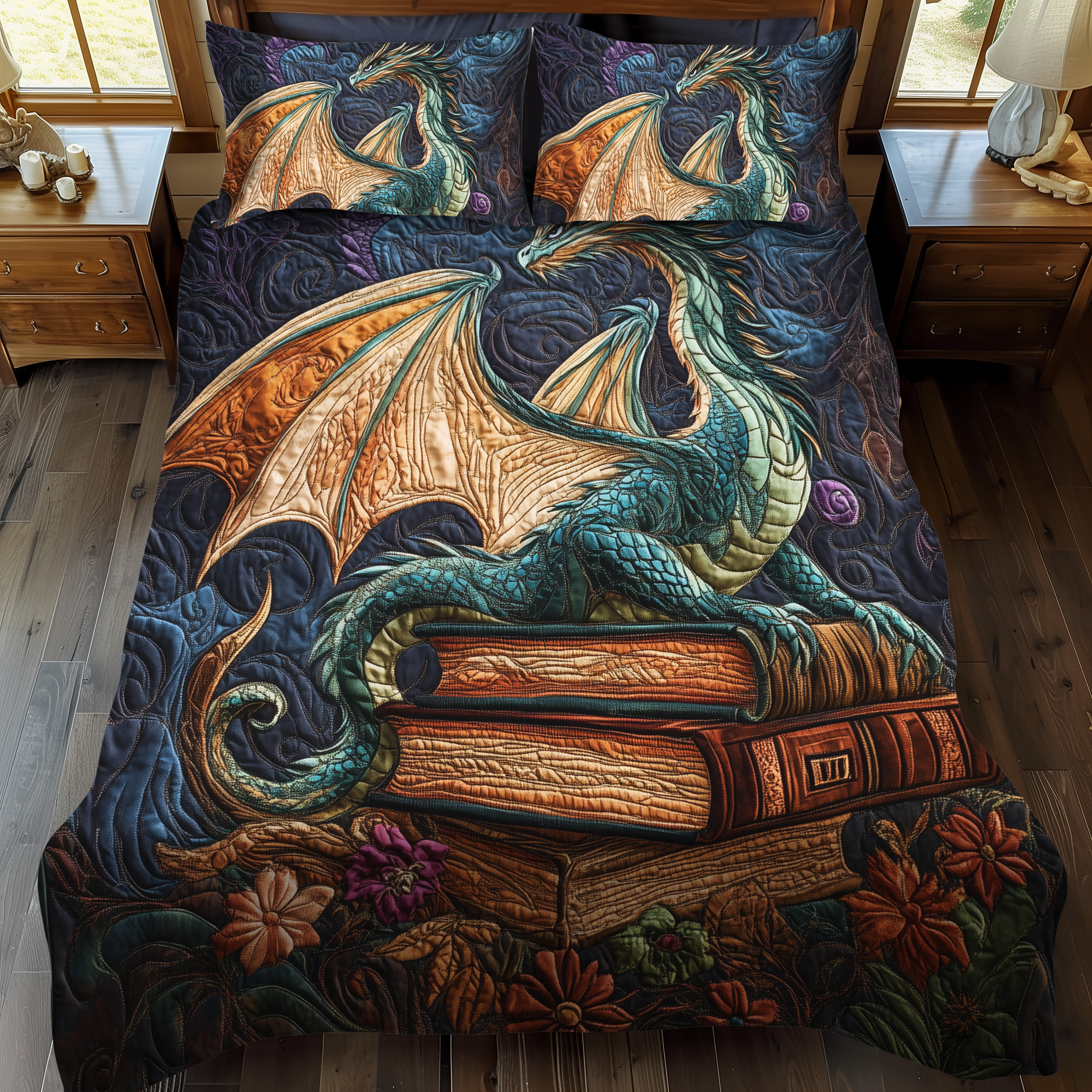 Verdant Dragonheart Quilted Bedding Set Cute Room Decor Best Gifts For Dragon Lovers