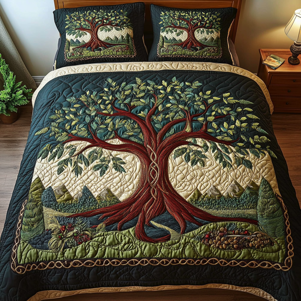 Verdant Dreams Quilted Bedding Set Bed Decor Tree Of Life Gifts For Men