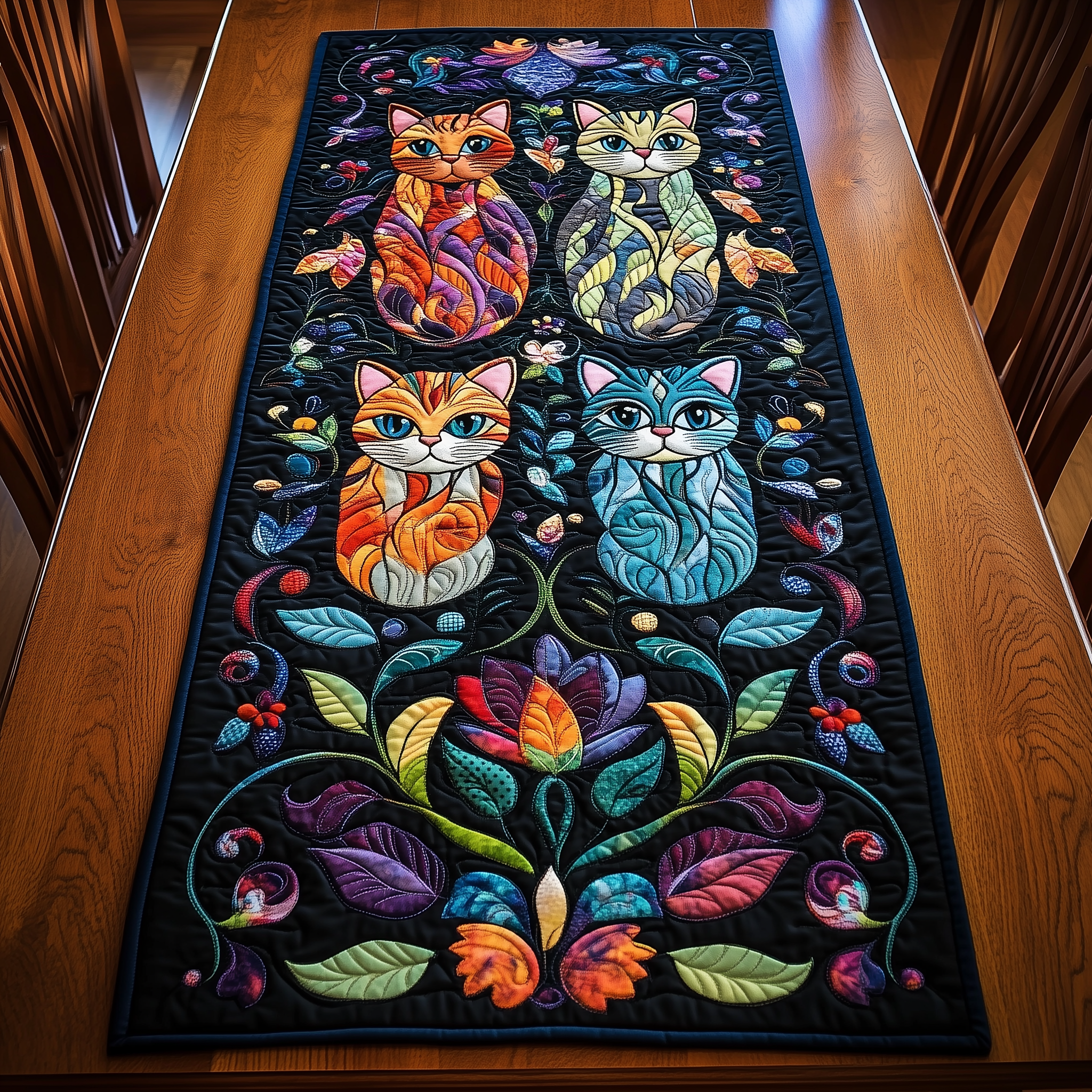 Vibrant Cat Quilted Table Runner Kitchen Decor Birthday Gifts For Cat