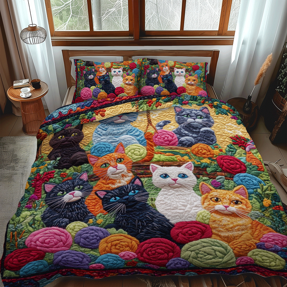 Vibrant Cats And Yarn Quilted Bedding Set Bed Room Decoration Best Cat Gifts