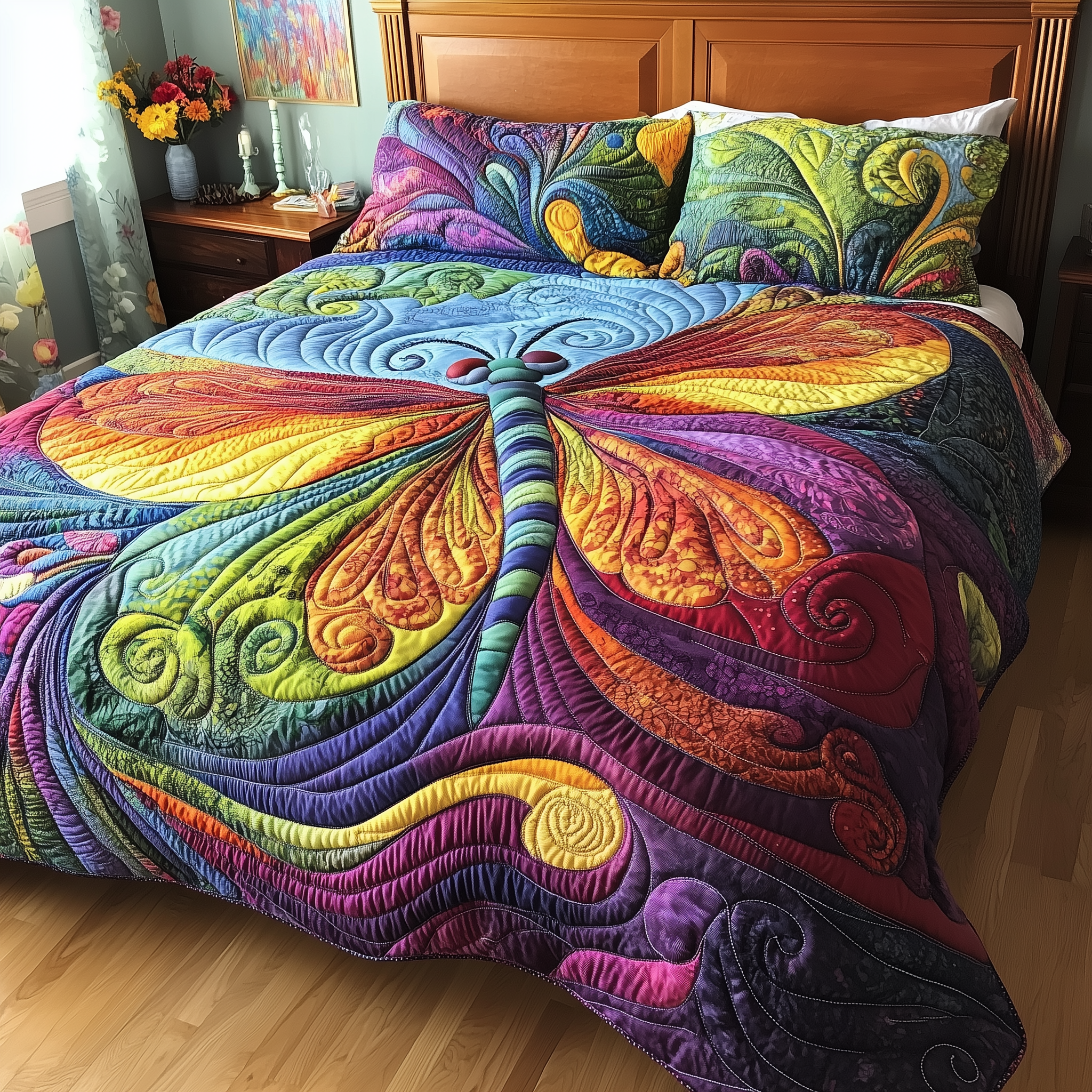 Vibrant Dragonfly Quilted Bedding Set Boho Bedroom Ideas Gift For Someone Who Loves Dragonflies