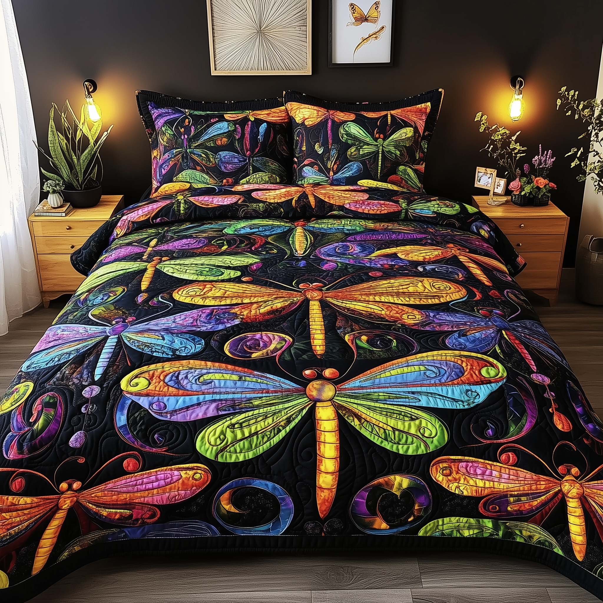 Vibrant Dragonfly Quilted Bedding Set Over The Bed Decor Dragonfly Themed Gifts