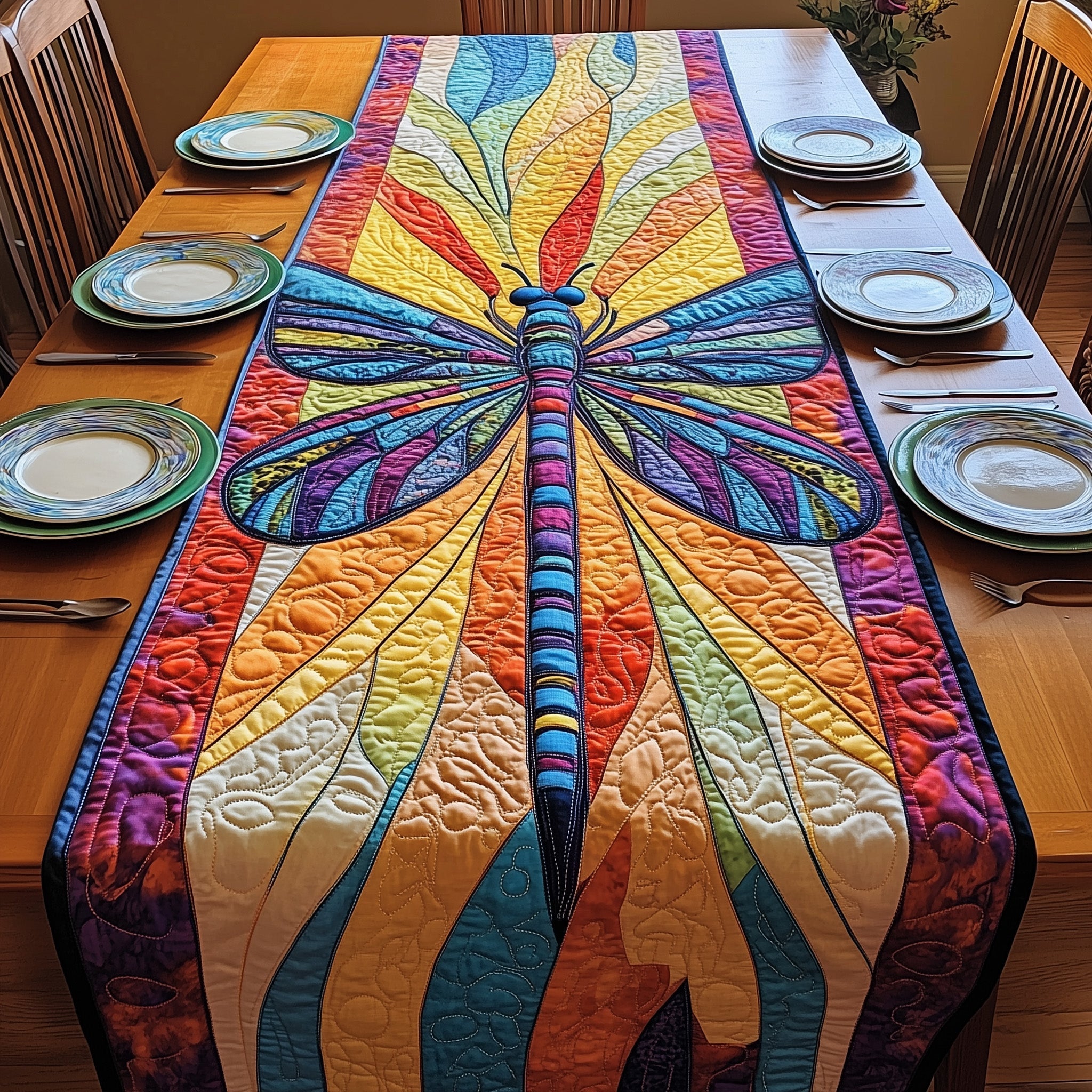 Vibrant Dragonfly Quilted Table Runner Boho Macrame Table Runner Dragonfly Themed Gifts