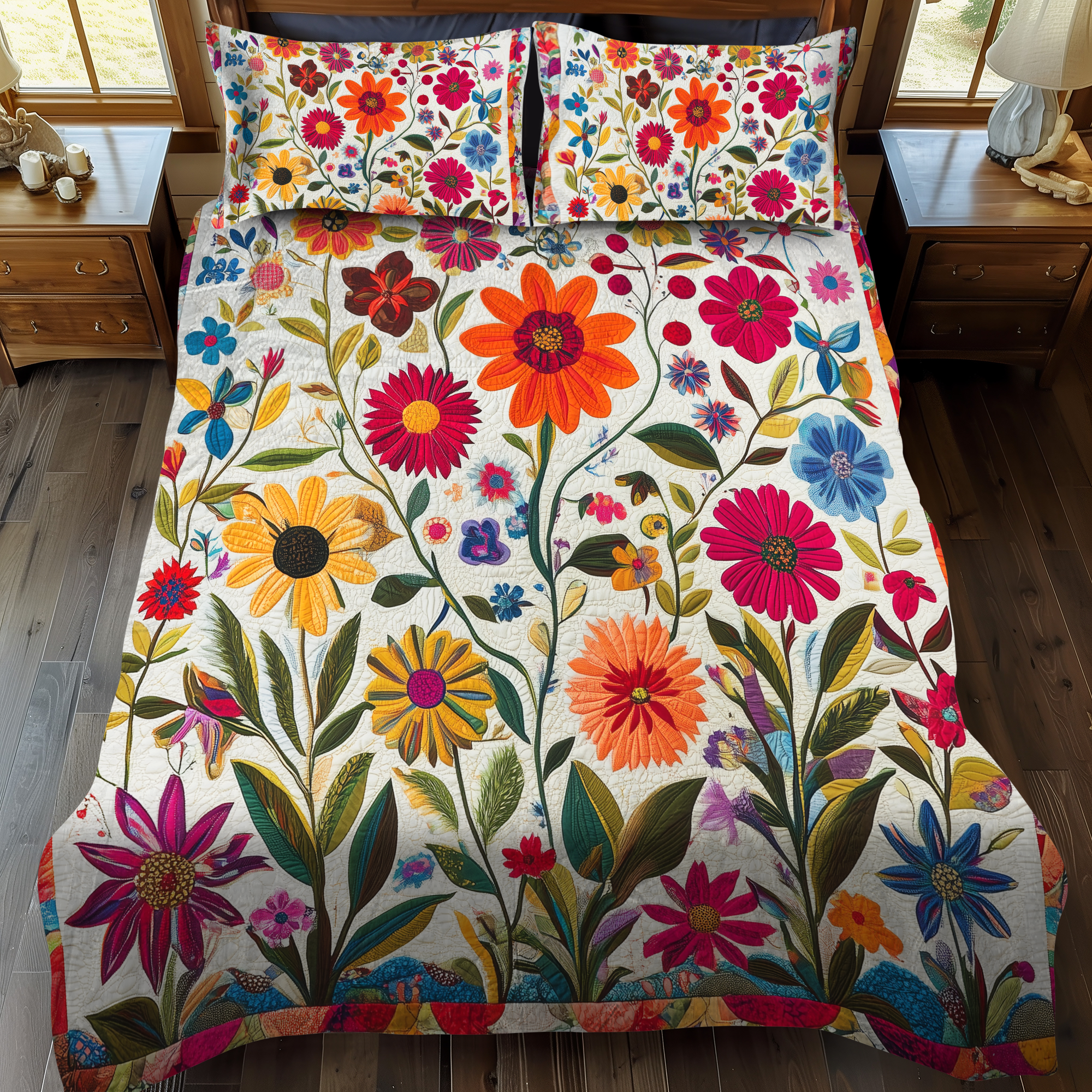 Vibrant Flowers Quilted Bedding Set Unique Bed Sheet Set Gift Ideas For Mother In Law