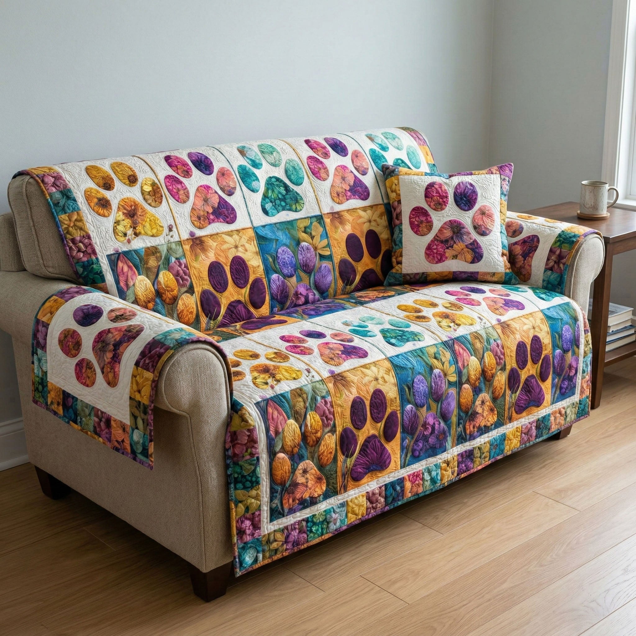 Vibrant Paw Garden Quilted Sofa Cover Best Slip Cover Sofa Dog Themed Gifts