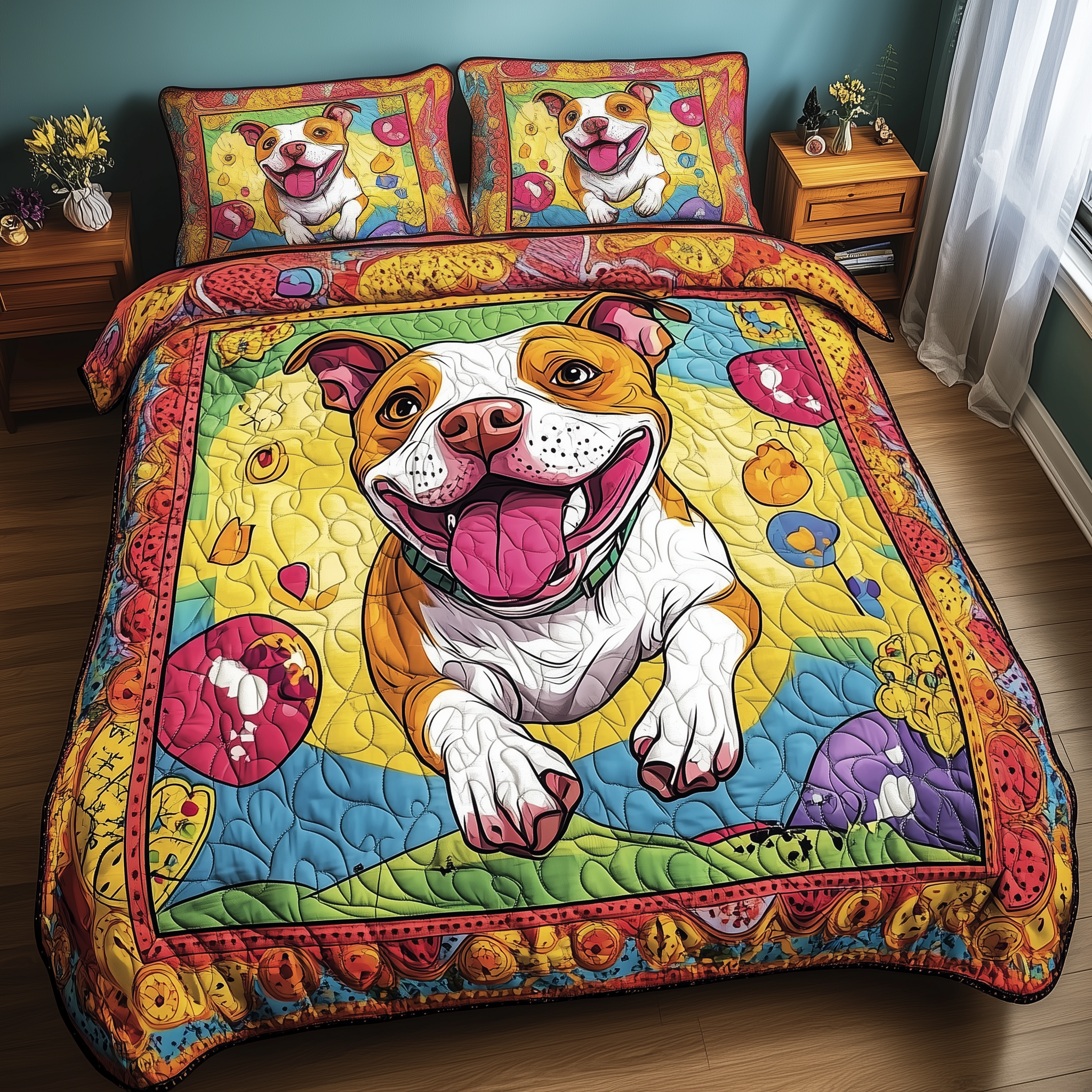 Vibrant Pitbull Dash Quilted Bedding Set Nice Bedding Sets Best Presents For Dog Lovers