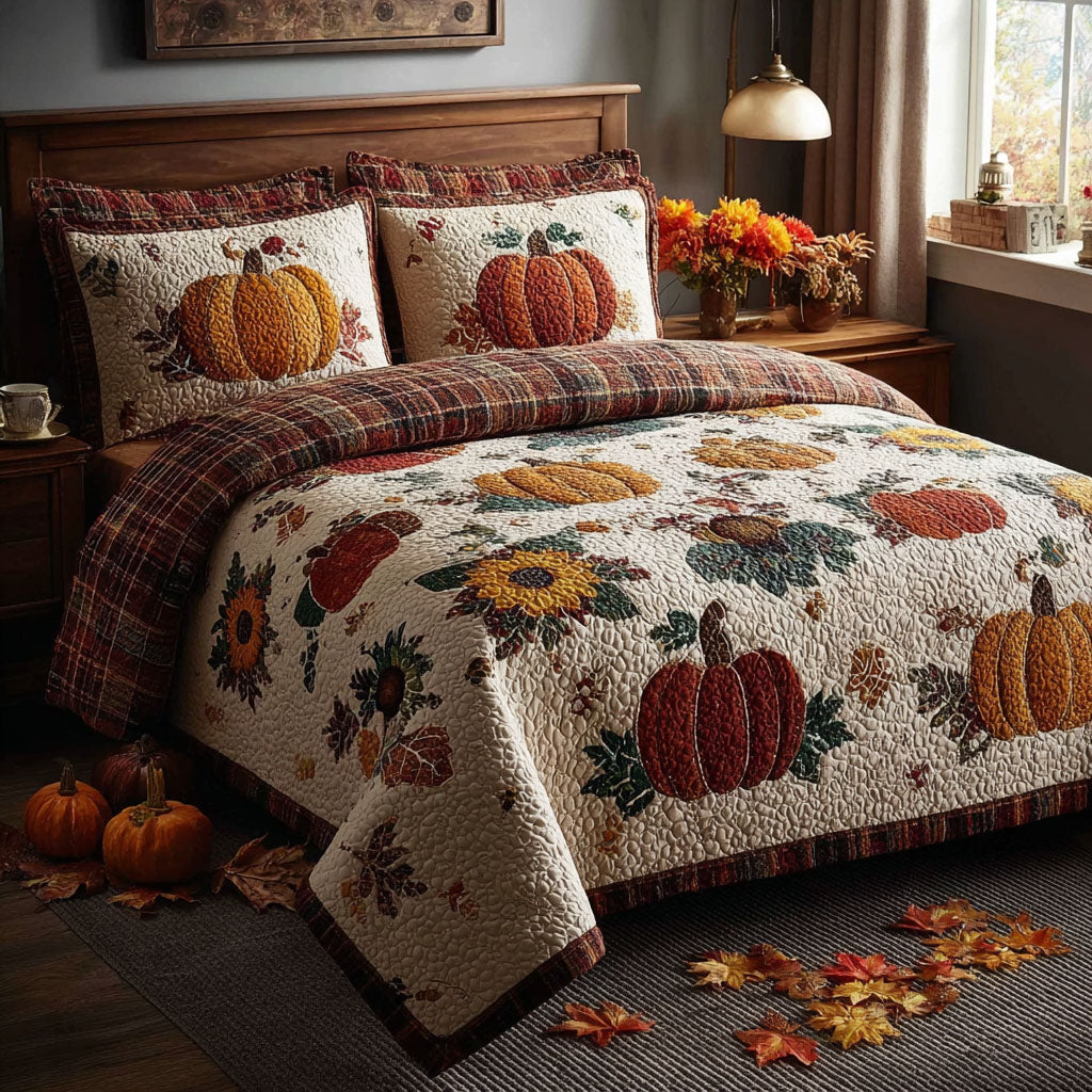 Vibrant Pumpkin Patch Quilted Bedding Set Cute Bedsheets Gifts For Farmer Dad