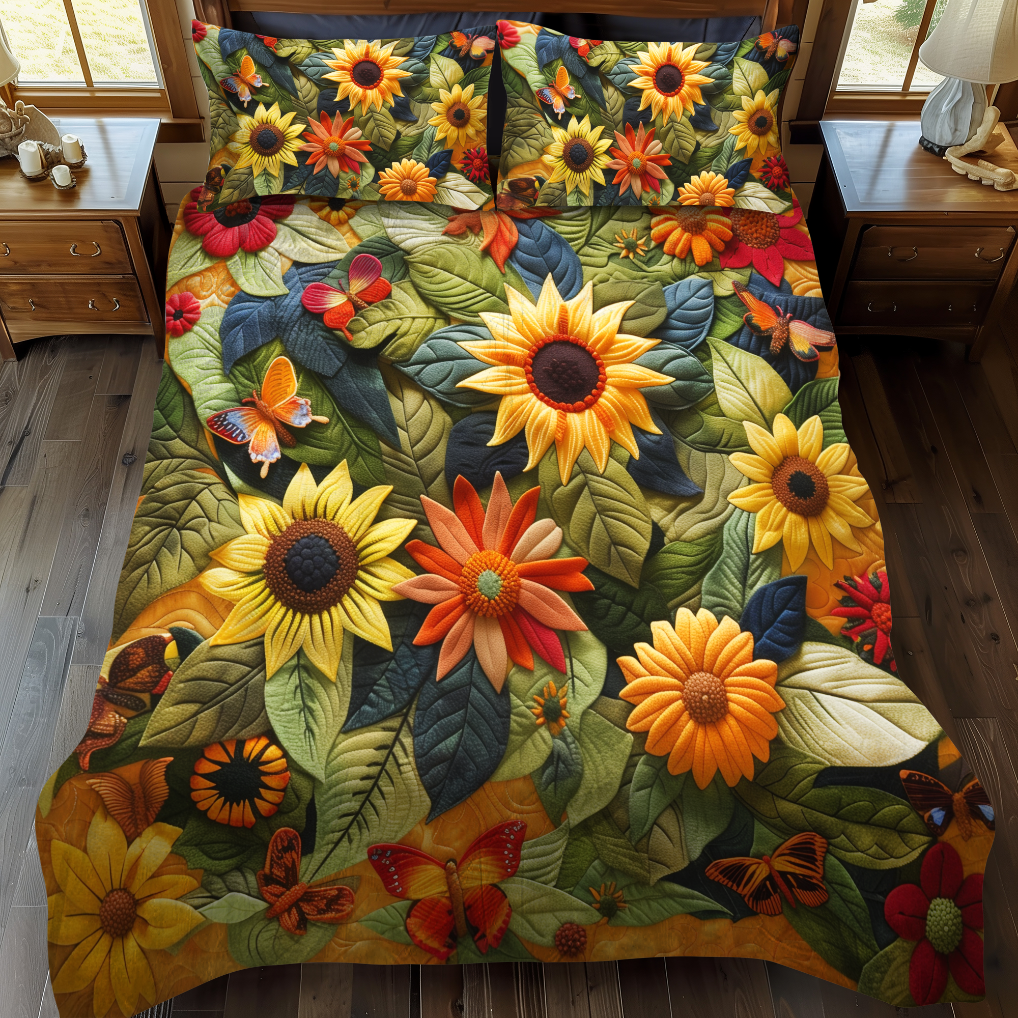 Vibrant Sunflowers Quilted Bedding Set Cute Bed Sheet Set Sunflower Theme Gifts Merchandise