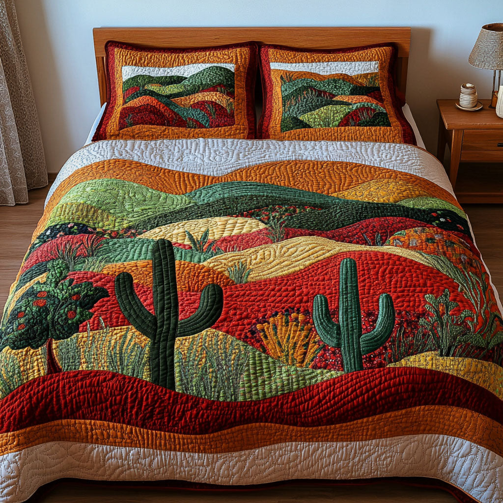 Vibrant Sunset Cactus Quilted Bedding Set Cool Bedroom Decor Gift For Cactus Lover