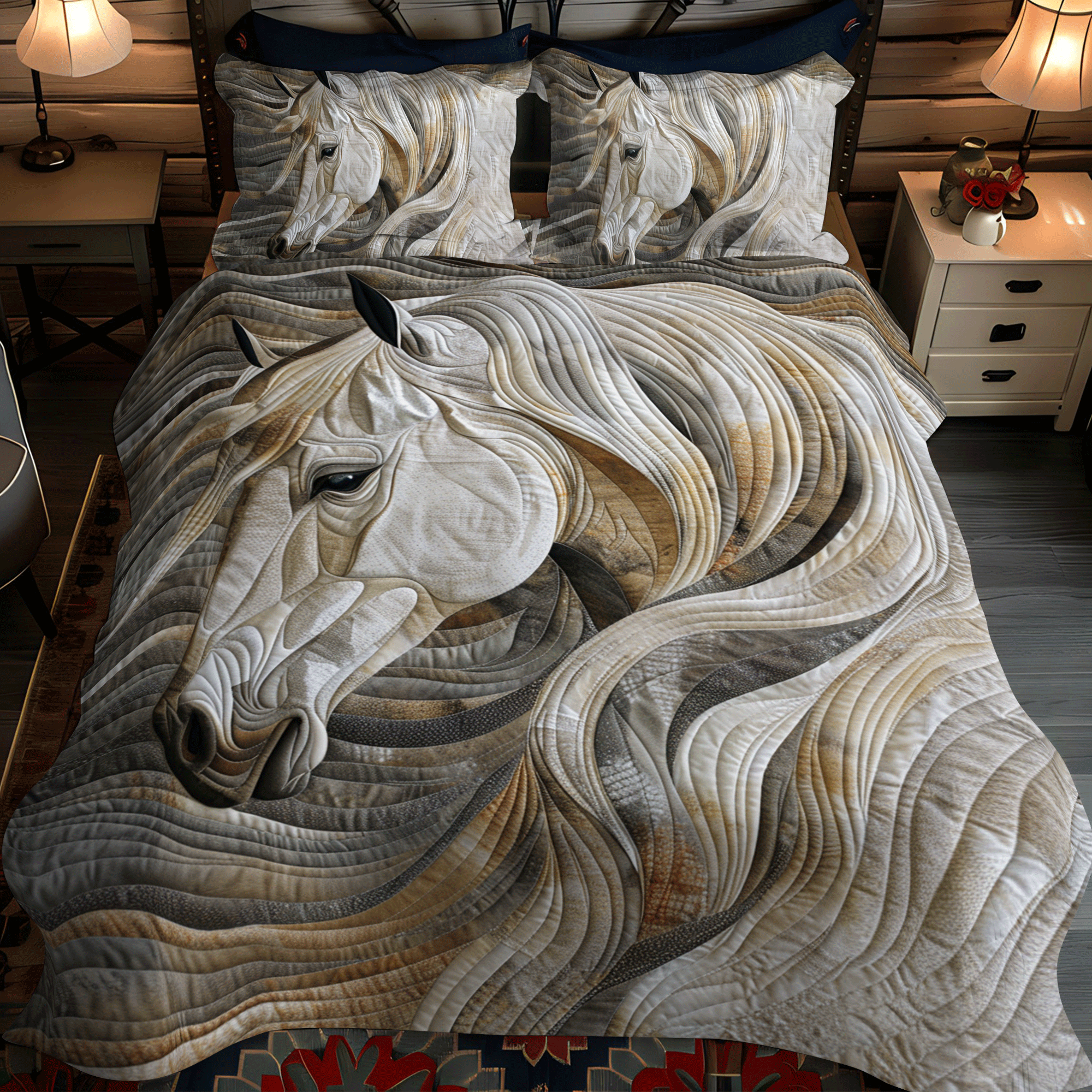 Vibrant White Horse Quilted Bedding Set Bed Decor Horse Gifts For Adults